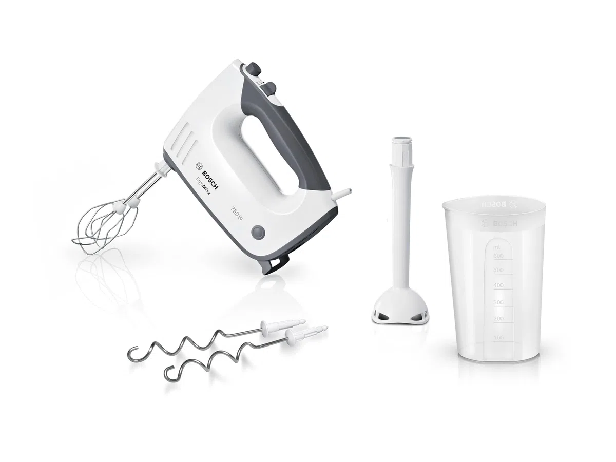 Bosch Handrührgerät, mit Pürierstab, Mixbecher, Edelstahl Rührer, Knethaken, spülmaschinenfest, 5 Stufen plus Turbotaste, weiß/grau, 750 W, ErgoMixx MFQ37470