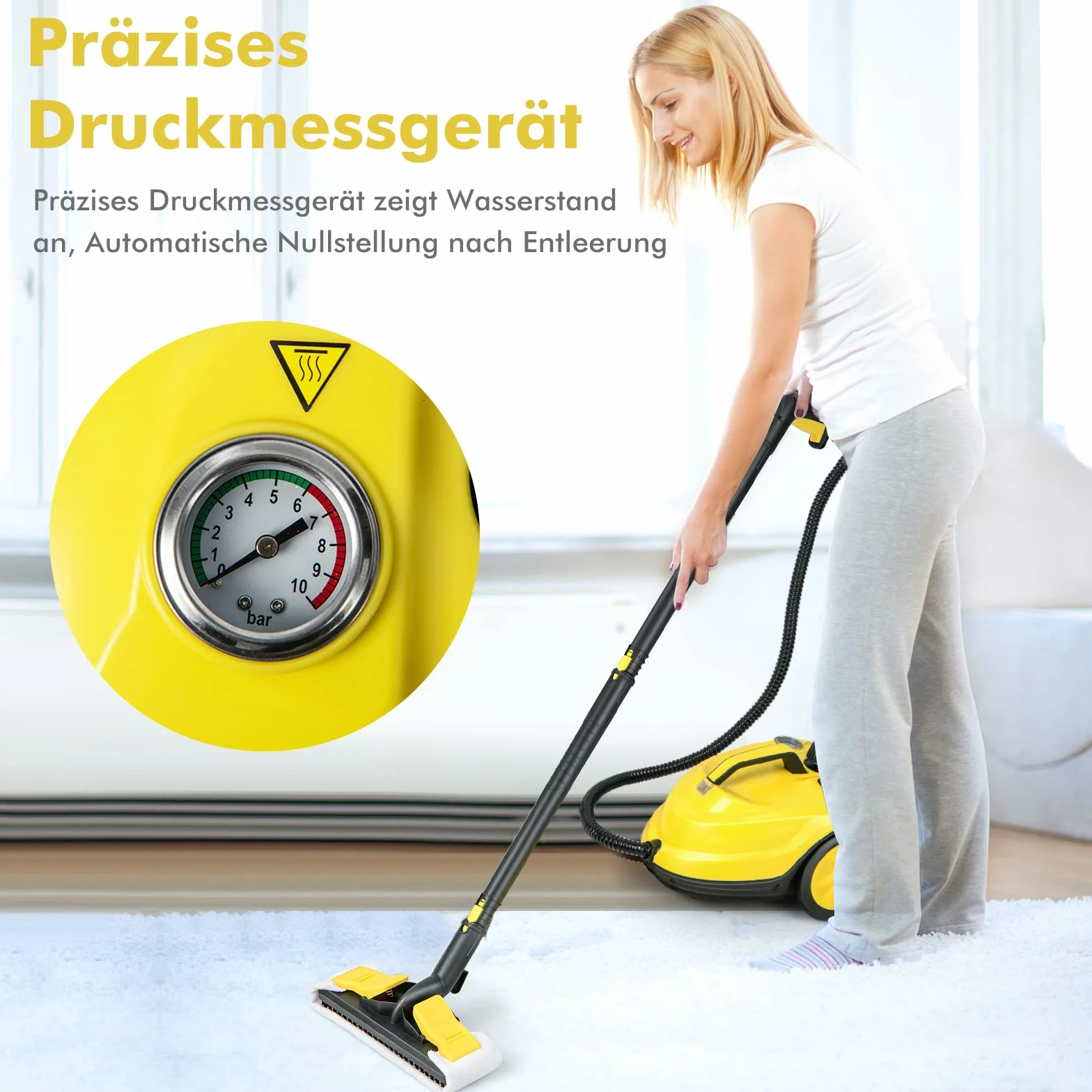 COSTWAY Dampfreiniger 2000W, Dampfdruck: max. 5 bar, Temperatur bis zu 160℃, Flächenleistung: 108 m², 1,8L Tank, Aufheizzeit: 8 Min., Dampfgeräte inkl. 13 Zubehör & 5m lange Netzkabel (Gelb)