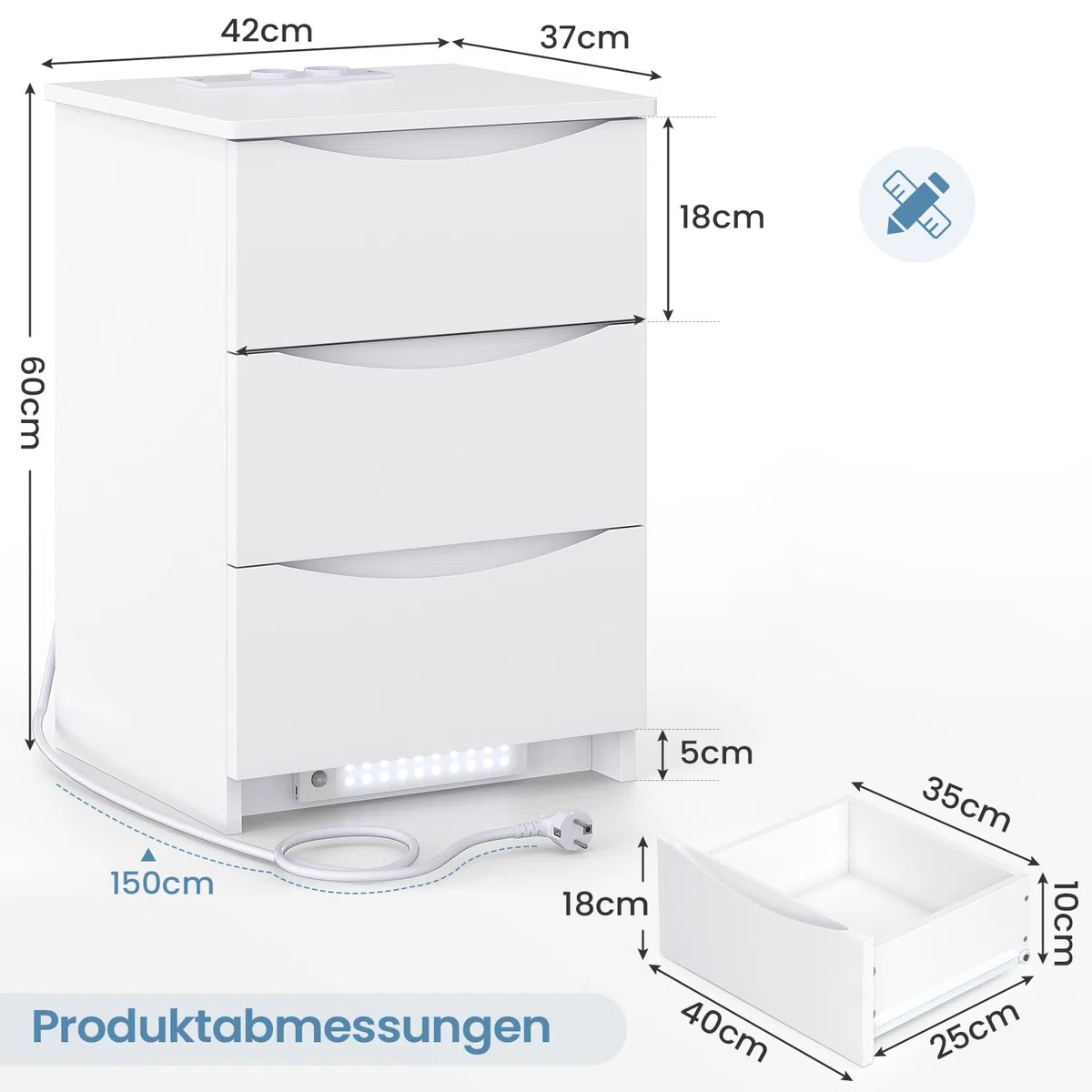 Brinlawb Nachttisch 2er Set mit LED-Beleuchtung und Ladestation (2 AC-Steckdosen & 2 USB-Anschlüsse) Nachtschrank 2er Set mit 3 Schubladen Beistelltisch für Schlafzimmer, Einfache Montage, Wohnzimmer