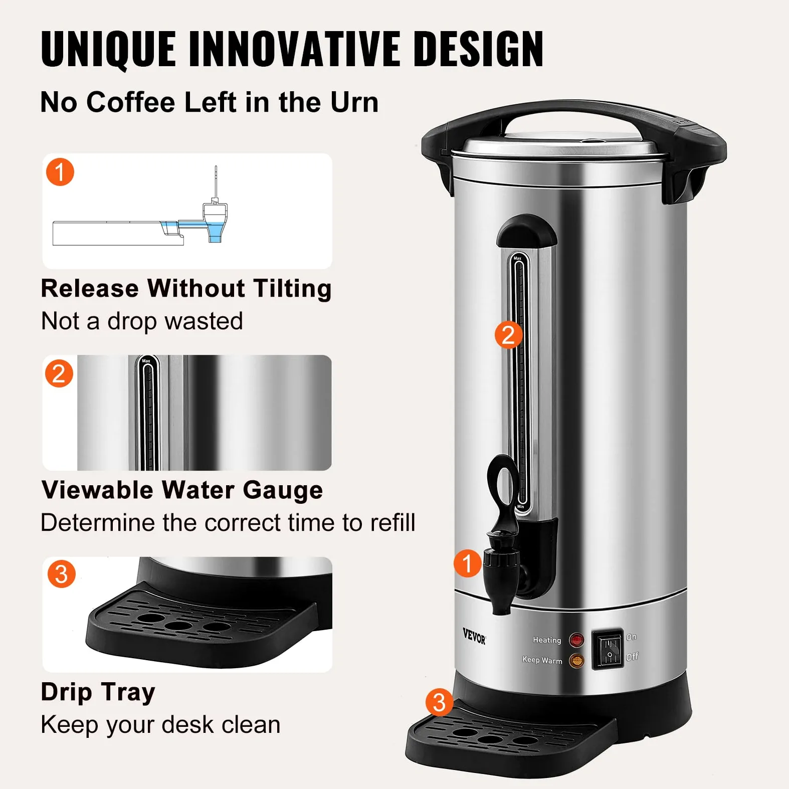 VEVOR Kommerzielle Heißgetränkespender Kaffee Heißwasserspender 110 Tassen, 1500 W Warmhaltebehälter Heißwasserspender 16,4 L Warmhaltebehälter Säfteimer für Büro, Partys, Café, Picknicks usw.
