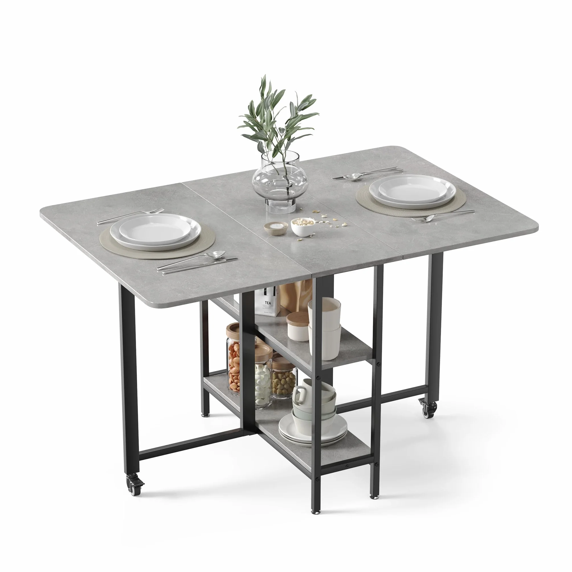Mondeer Mobiler Klappbarer Esstisch, Klapptisch mit 2 Offenen Ablagen für Kleine Räume Esszimmer Küche, 120 x 80 x 75 cm, Grau