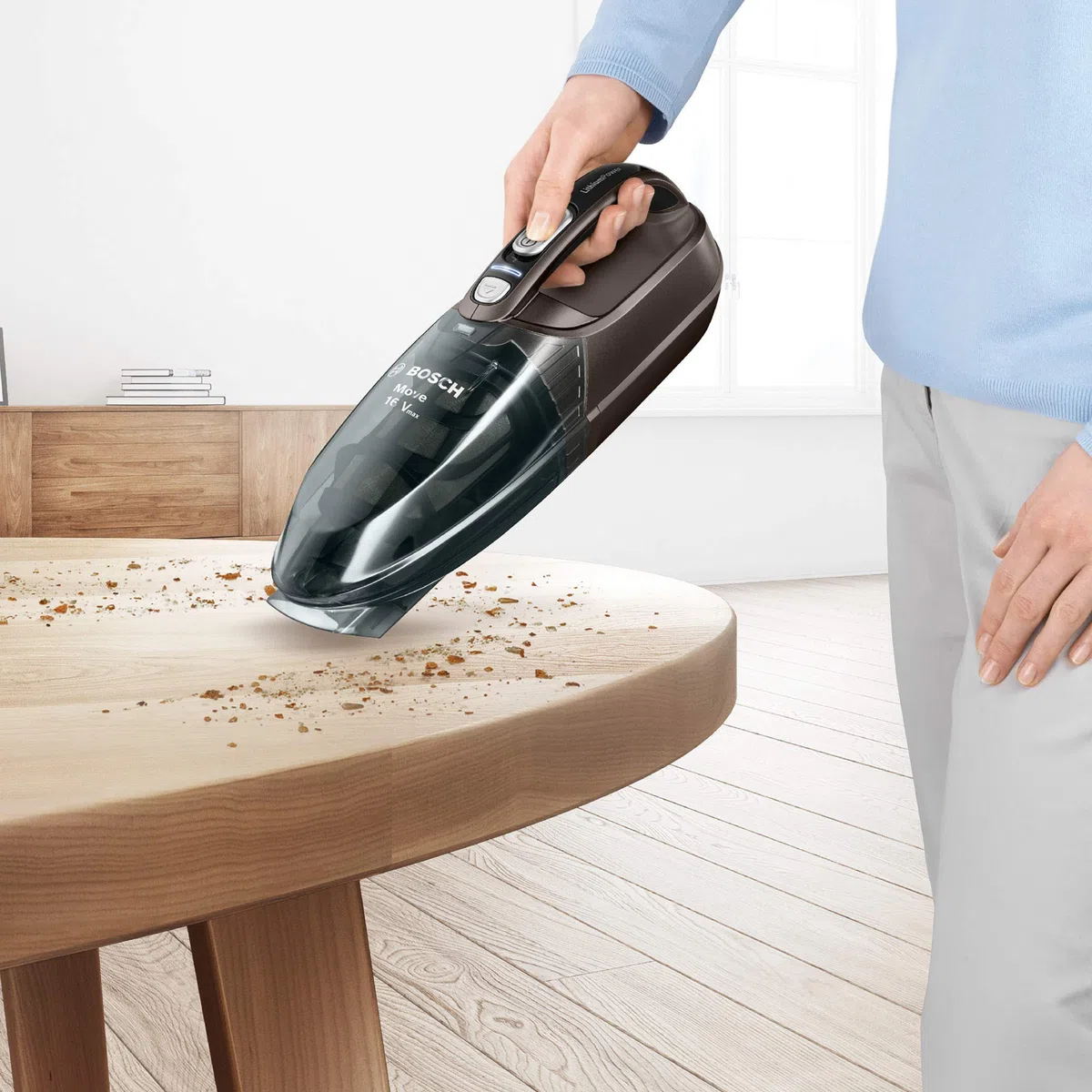 Bosch Hausgeräte Handstaubsauger Move Lithium 16V max BHN16L, Akku-Staubsauger, ideal für Polster und Auto, beutellos, kabellos, leicht, hohe Saugkraft, Lange Laufzeit, Lithium-Ionen-Akku, grau