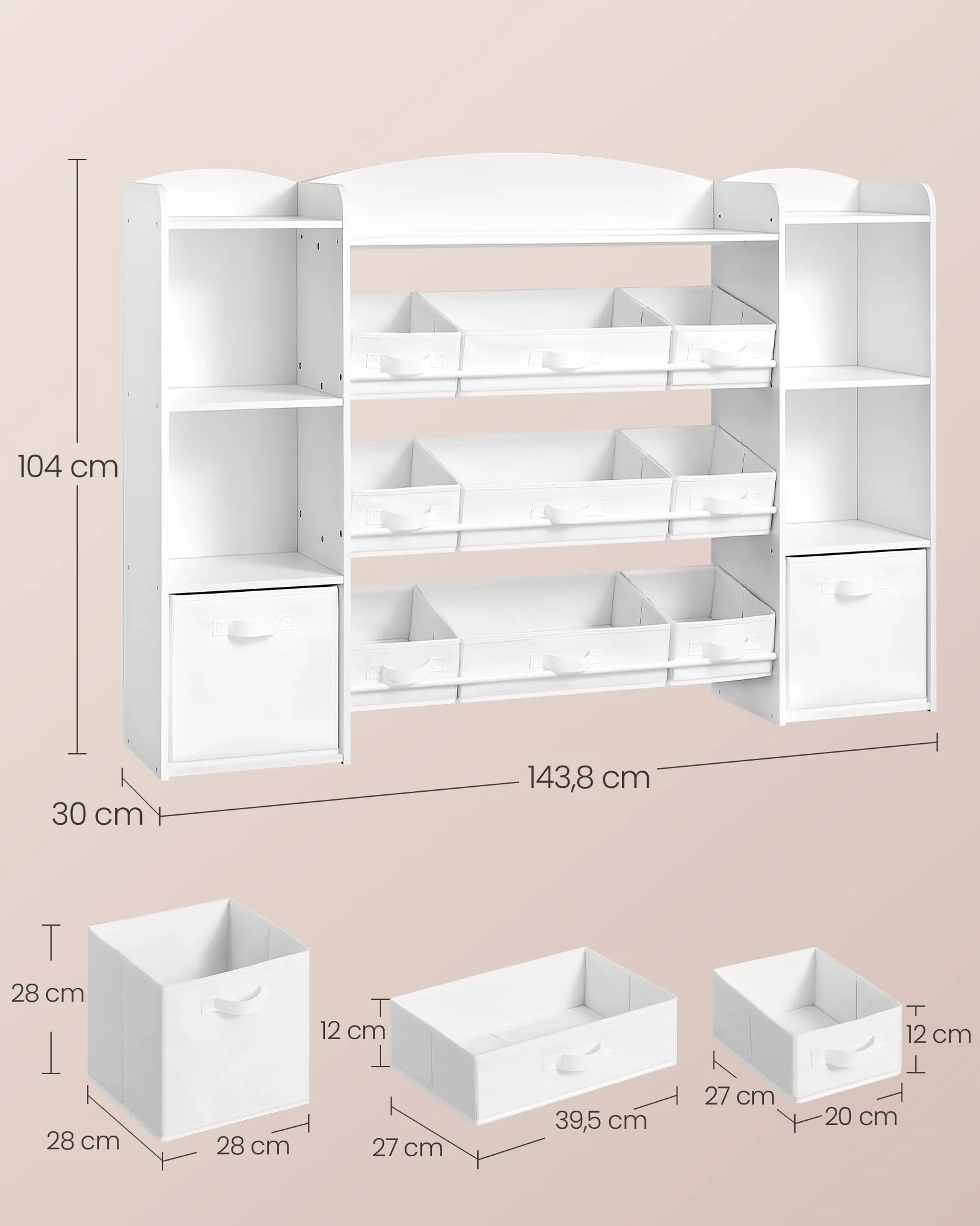 SONGMICS Kinderregal, Spielzeug Aufbewahrung, Spielzeugregal, Montessori Regal, 4 offene Fächer, 9 mittlere und 2 seitliche Boxen, für Kinderzimmer, 30 x 143,8 x 104 cm, wolkenweiß GKR062WB01