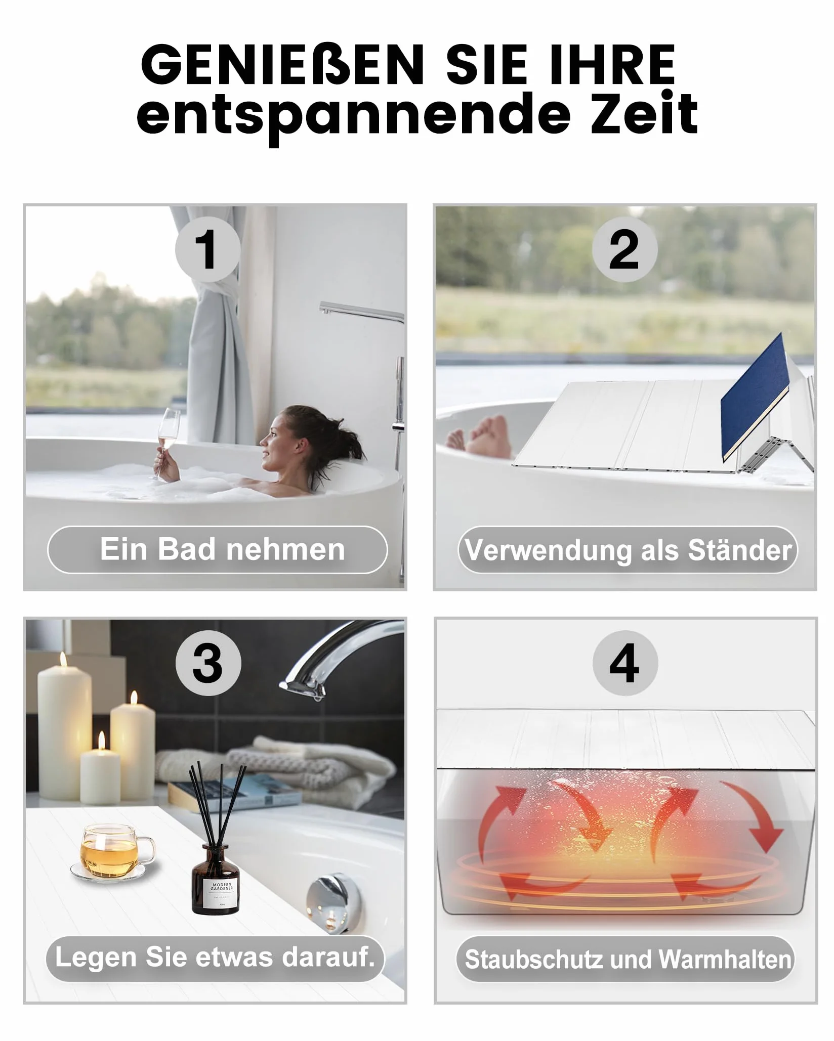 80x180cm Badewannenabdeckung bis 10kg Belastbar - 12mm Badewannenbretter Faltbare Badewannenablage Dämmplatte Staubdicht Wasserdicht für Haus Badewannen Badezimmer SPA Weiß