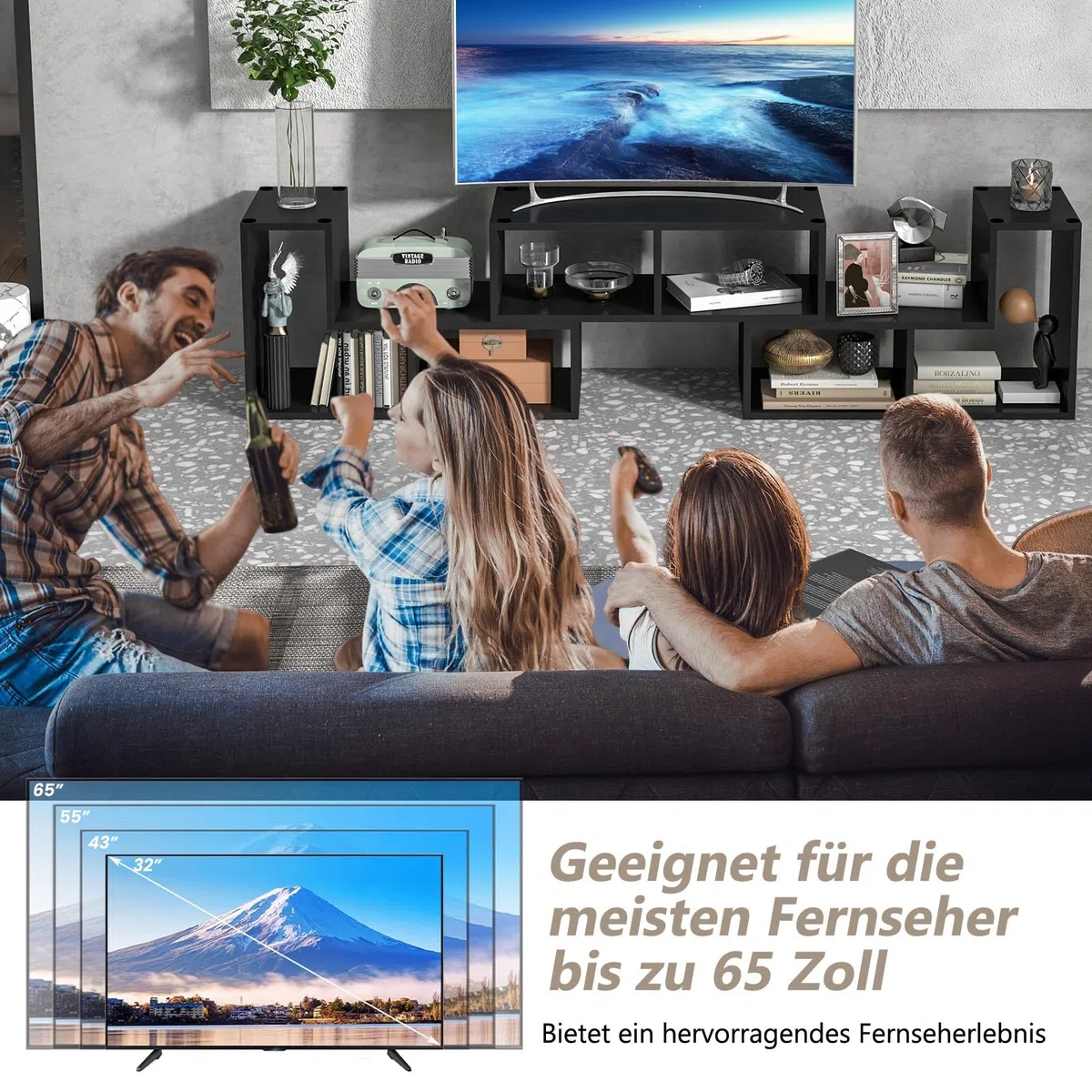GIANTEX Fernsehschrank TV Schrank frei kombinierbar, Fernseher Regal Holz 180x30x43 cm, Sideboard TV Board Lowboard modular 3 teilig, Fernseher Schrank Fernsehtisch für 65 Zoll Fernseher, Schwarz