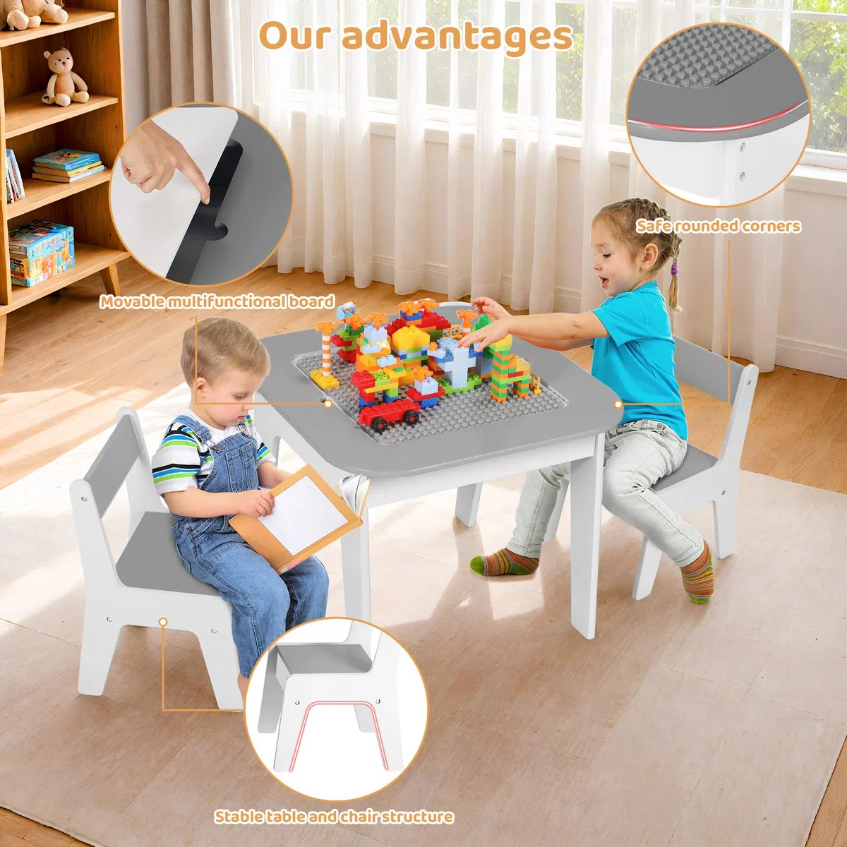 Clevich Kinder Tisch Stuhl Set, Kindersitzgarnitur, Stauraum, mit 2 PCS Stühlen, Kindersitzgruppe, Doppelseitiger Maltisch & Bauplatte, Packung mit 2 Stühlen, Kindermöbel für Kinderzimmer, Grau
