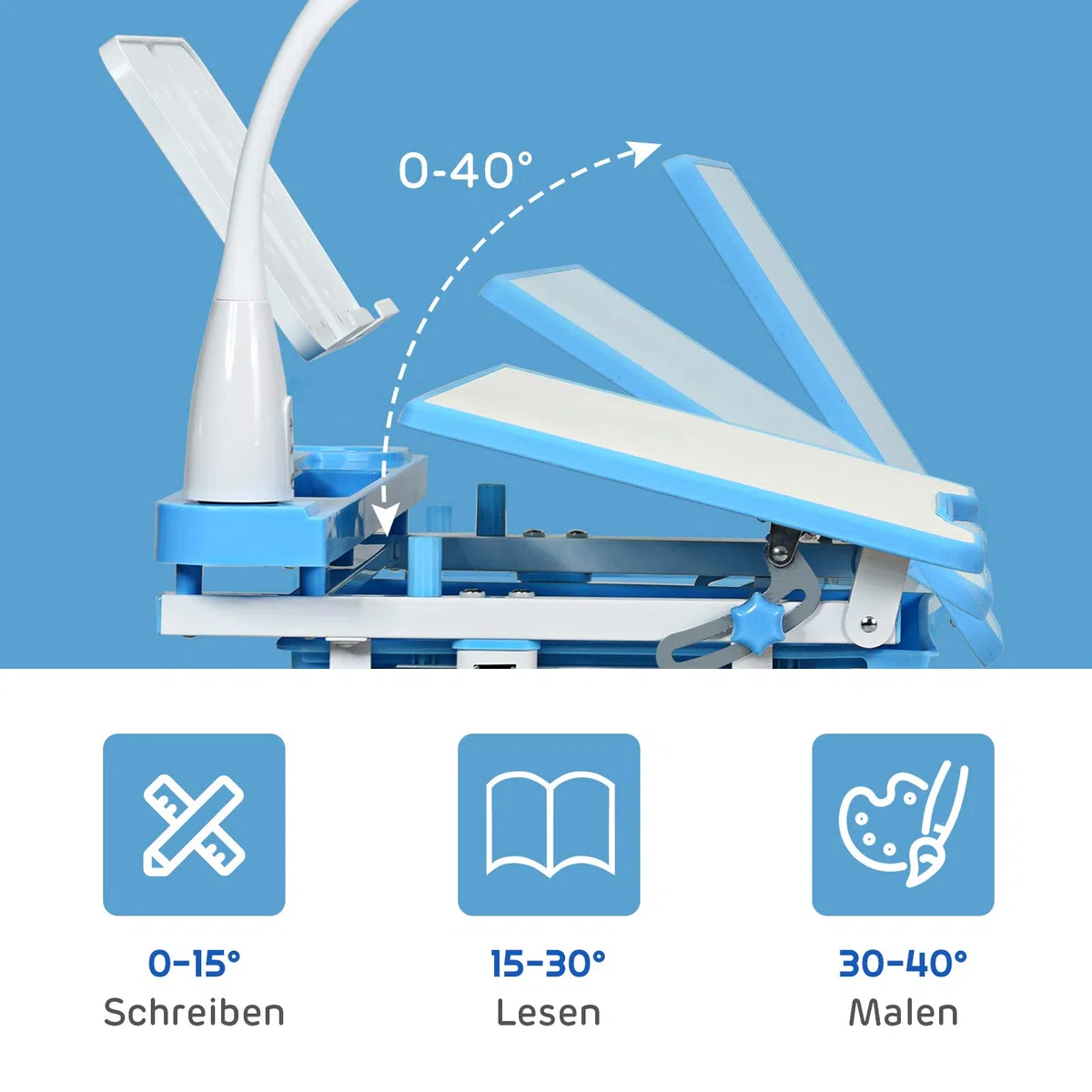 DREAMADE höhenverstellbarer Kinderschreibtisch mit Lampe & Bücherständer, Schülerschreibtisch Jugendschreibtisch neigungsverstellbar, Schreibtisch Set für Kinder mit Stuhl und Schublade (Blau)