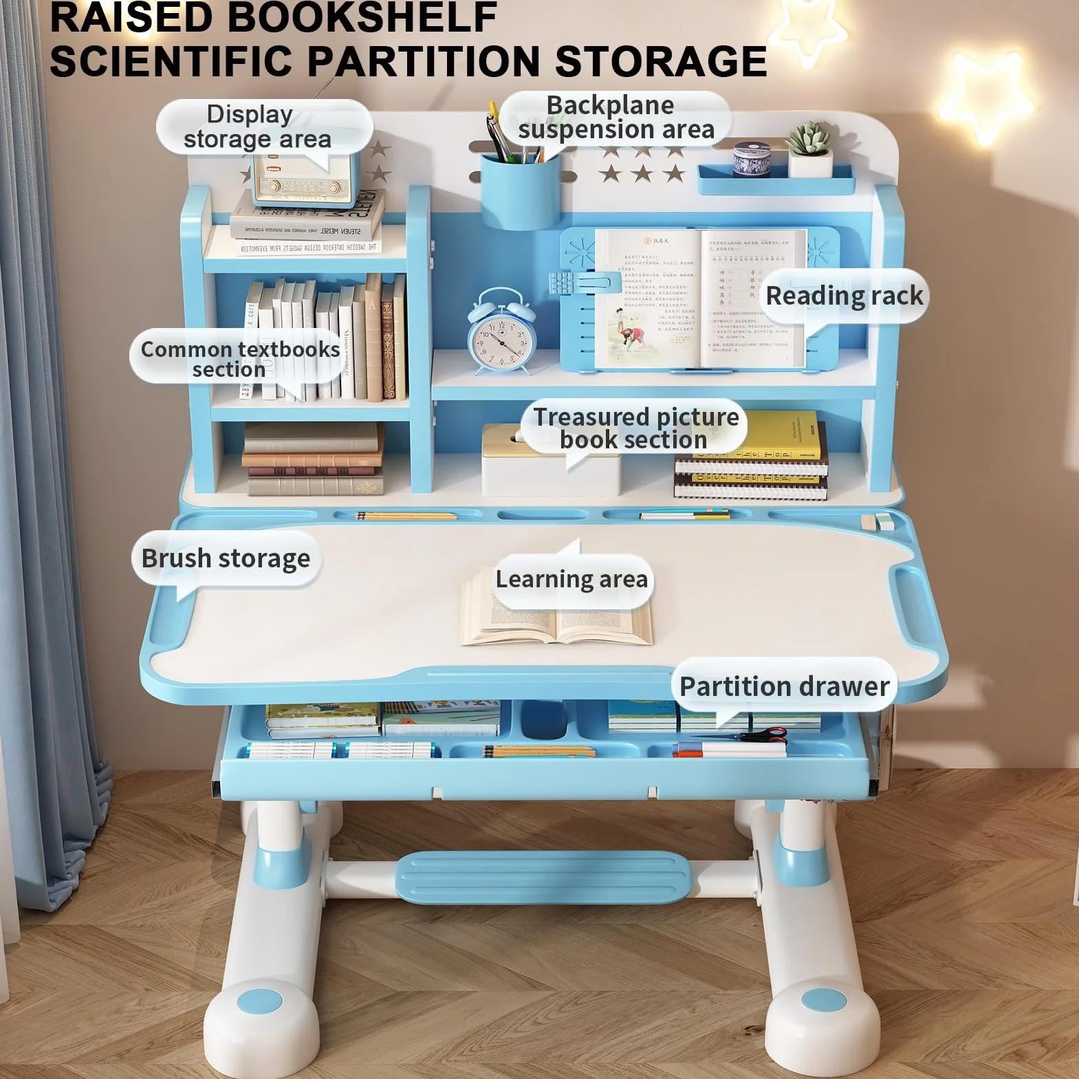 Altsuceser Kids Study Schreibtischstuhl-Set, höhenverstellbar, Kinder, Schule, Studium, Tischstuhl-Set mit Sitzkorrektur, ergonomischer Schreibtischstuhl mit Buchständer, Fußpedal, Trennwand-Design