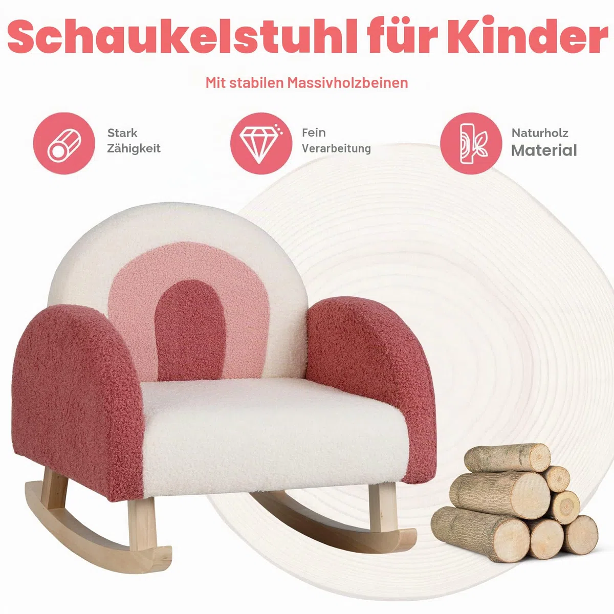 LIFEZEAL Kindersofa Schaukelstuhl, Kindersessel aus Teddy Samtmaterial & Massivholzbeinen, Mini Sofa für Mädchen & Junge, Kinderstuhl für Kleinkinder 3–5 Jahre (rosa)