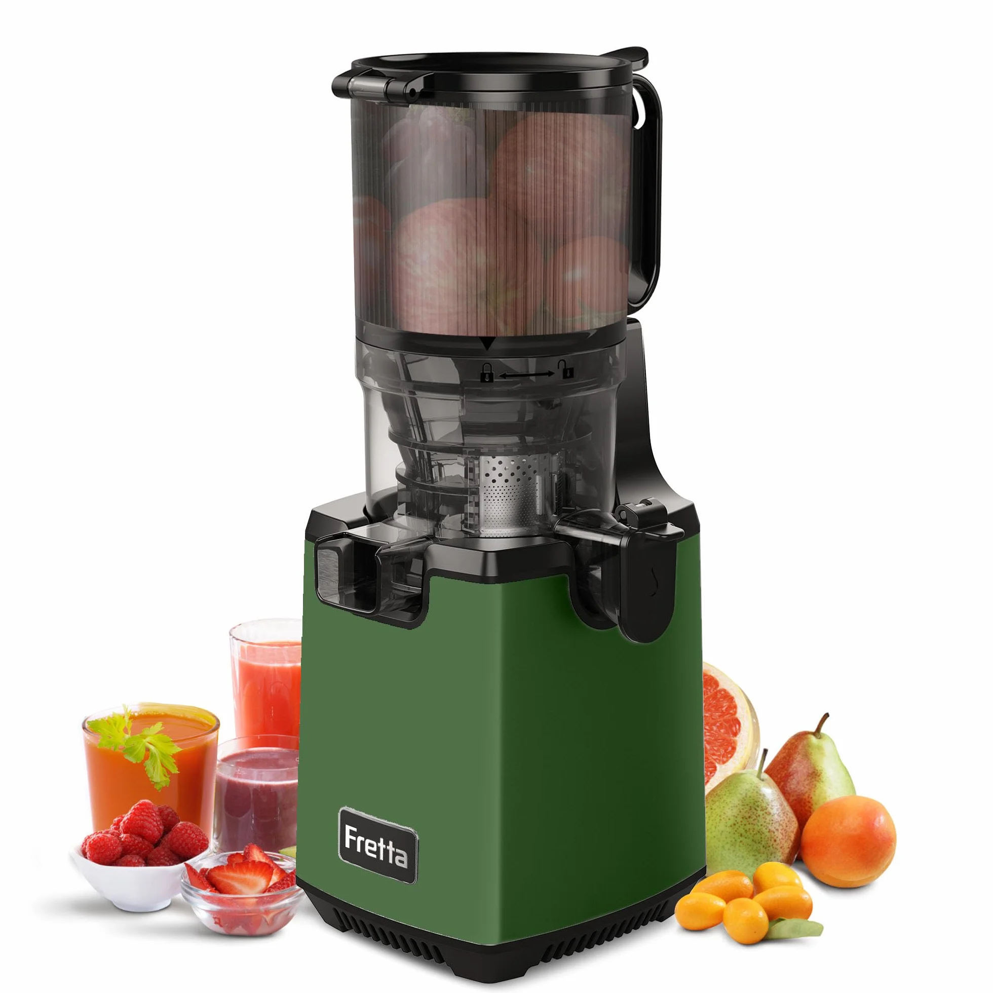 Fretta Entsafter Slow Juicer Testsieger, Entsafter Gemüse und Obst Grün | Einfache Montage & Reinigung，BPA-frei,135MM Öffnung，Ganze Früchte，Leiser，Umkehrfunktion,Hohe Saftausbeute,Leistungsstarke