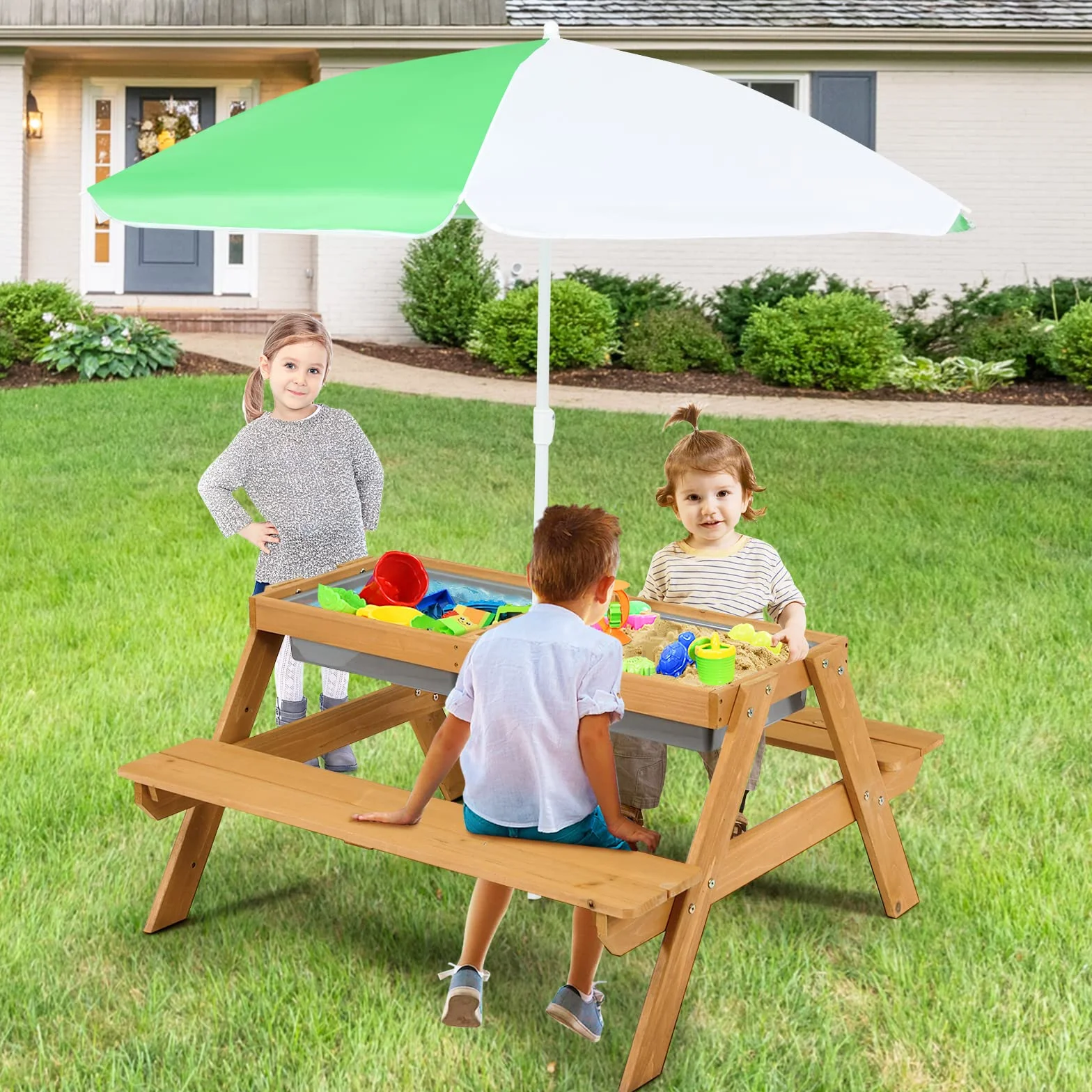 COSTWAY 3 in 1 Kinder Picknicktisch, Gartentisch mit Sonnenschirm & Bänke, Kindersitzgruppe Outdoor aus Holz mit Abnehmbarer Tischplatte & 2 Spielboxen für Garten, Hinterhof, Terrasse (Weiß+Grün)
