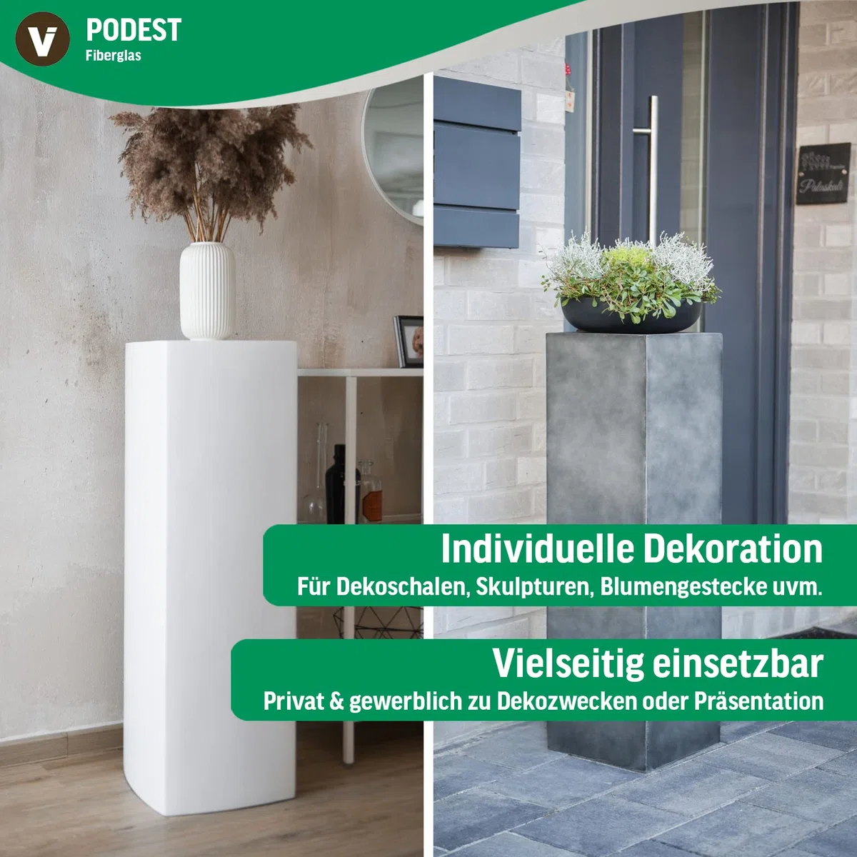 VIVANNO Podest Dekosäule Blumenständer Fiberglas Weiß Hochglanz 30x30x100 cm für Pflanzen und Deko