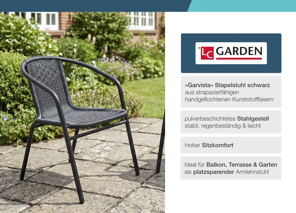 LC Garden Garvista 4er Stuhl Set Bistrostuhl Stapelstuhl, Gartenstuhl, Terassenstuhl, stapelbarer Armlehnstuhl mit Metallgestell in schwarz und Polyrattangeflecht
