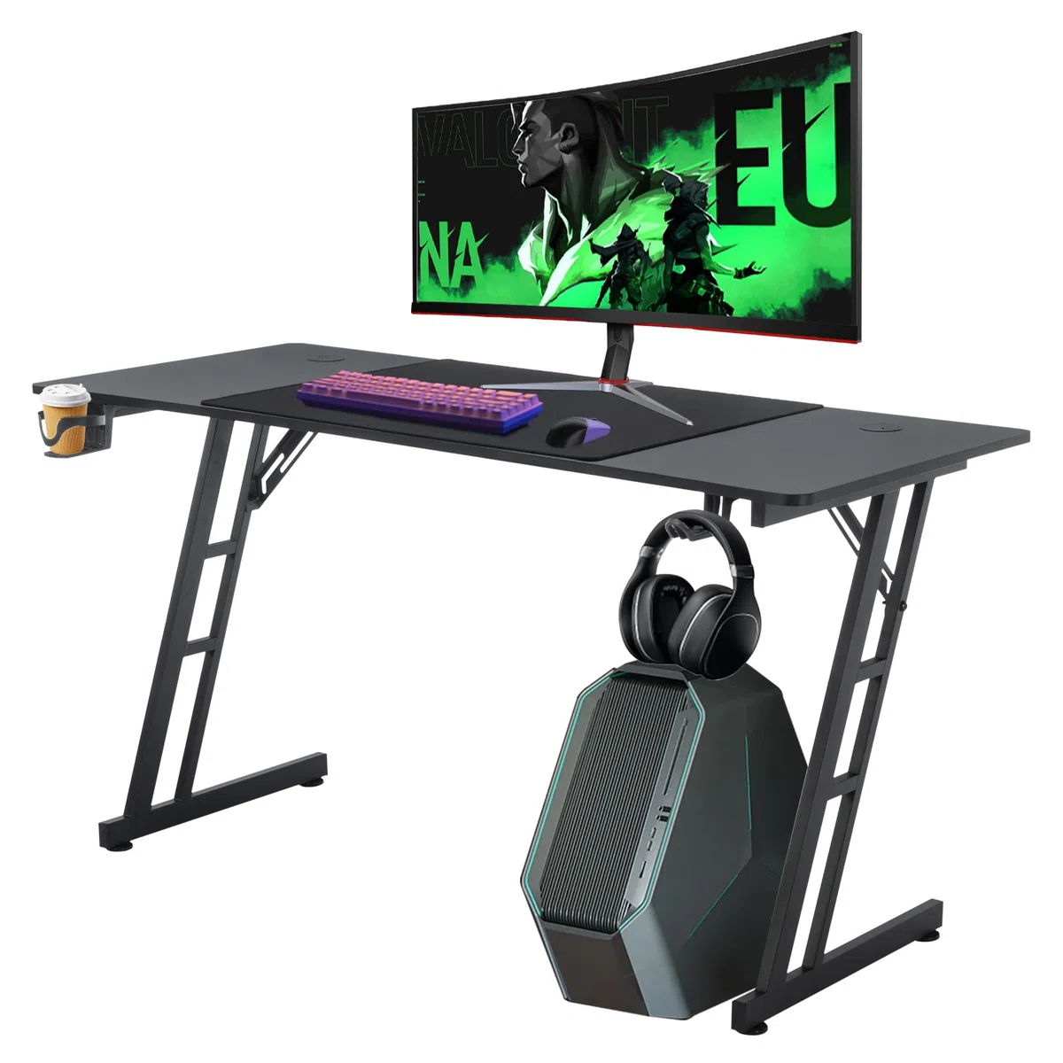 NAIZY Gaming Tisch 160x60cm Gamingtisch Schwarz Schreibtisch Kohlefaserplatte Gamer Computertisch Ergonomischer PC Tisch mit Kabelloch