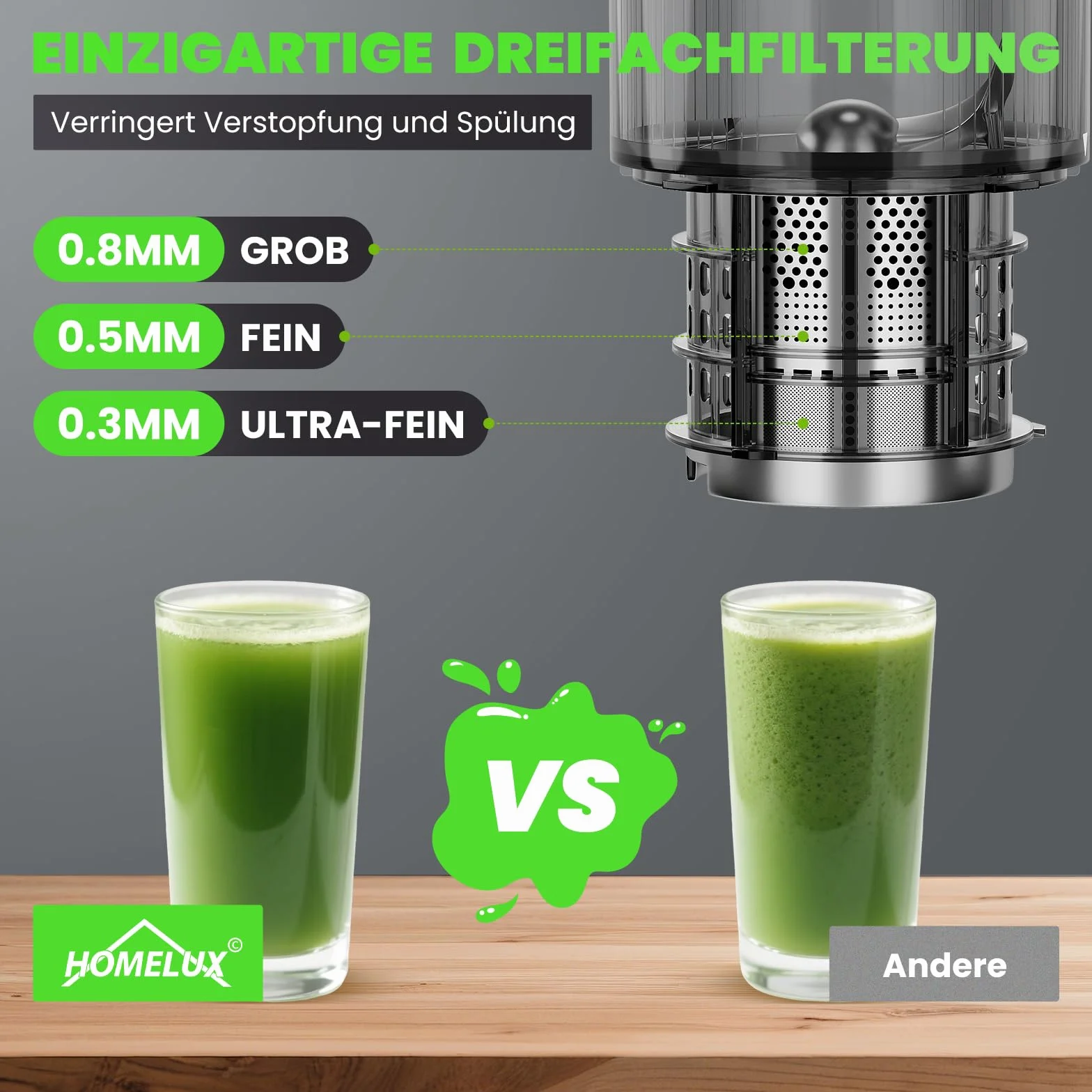 HOMELUX 220W Entsafter Slow Juicer mit 126 MM Breitem Einfüllschacht, Entsafter Gemüse und Obst Testsieger Saftpresse mit Dreifachem Filter, BPA-frei Einfache Reinigun, Silber