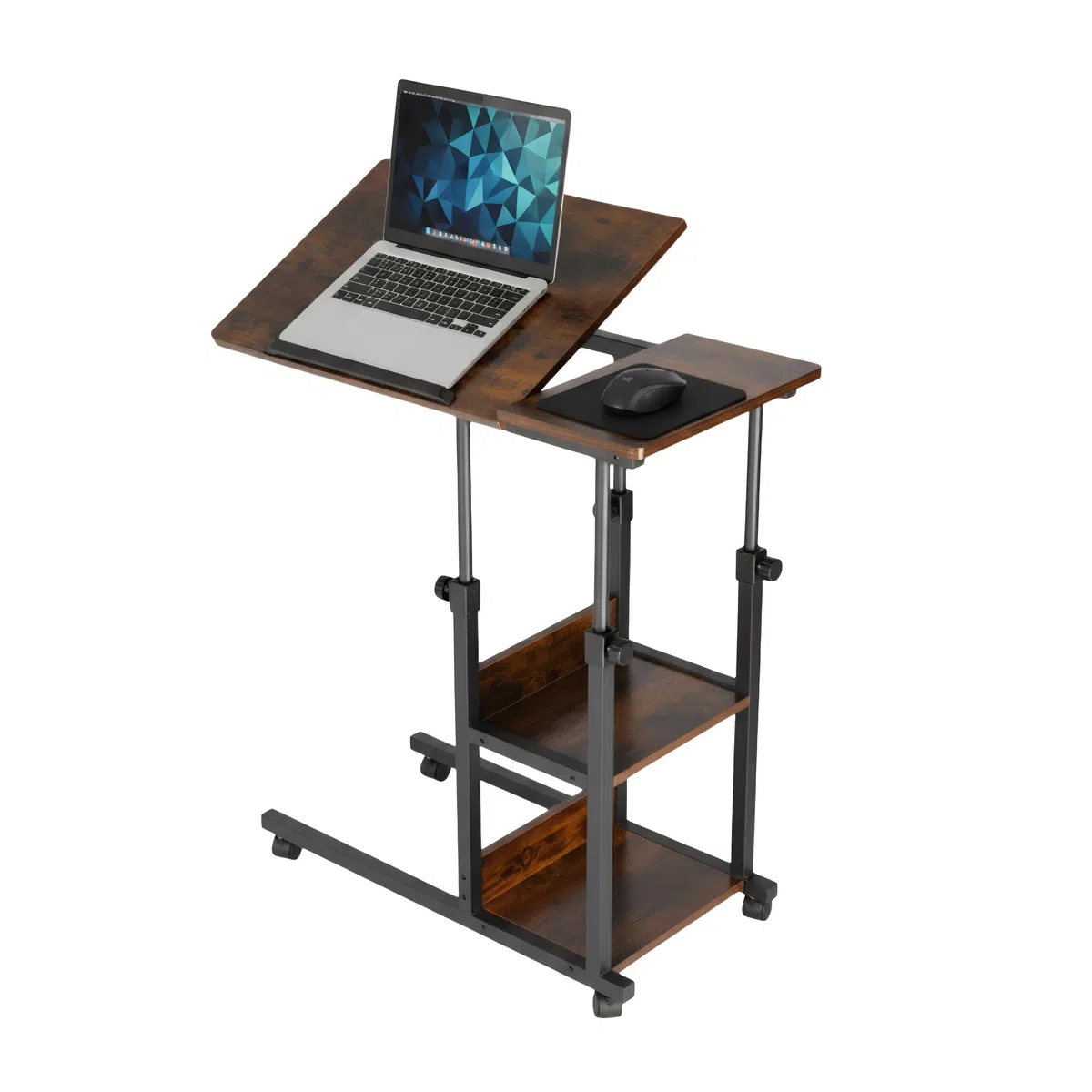 Relaxdays Laptoptisch, 63–90 cm höhenverstellbar, neigbar, Beistelltisch mit Rollen, 2 Ablagen, C-Form, braun/schwarz