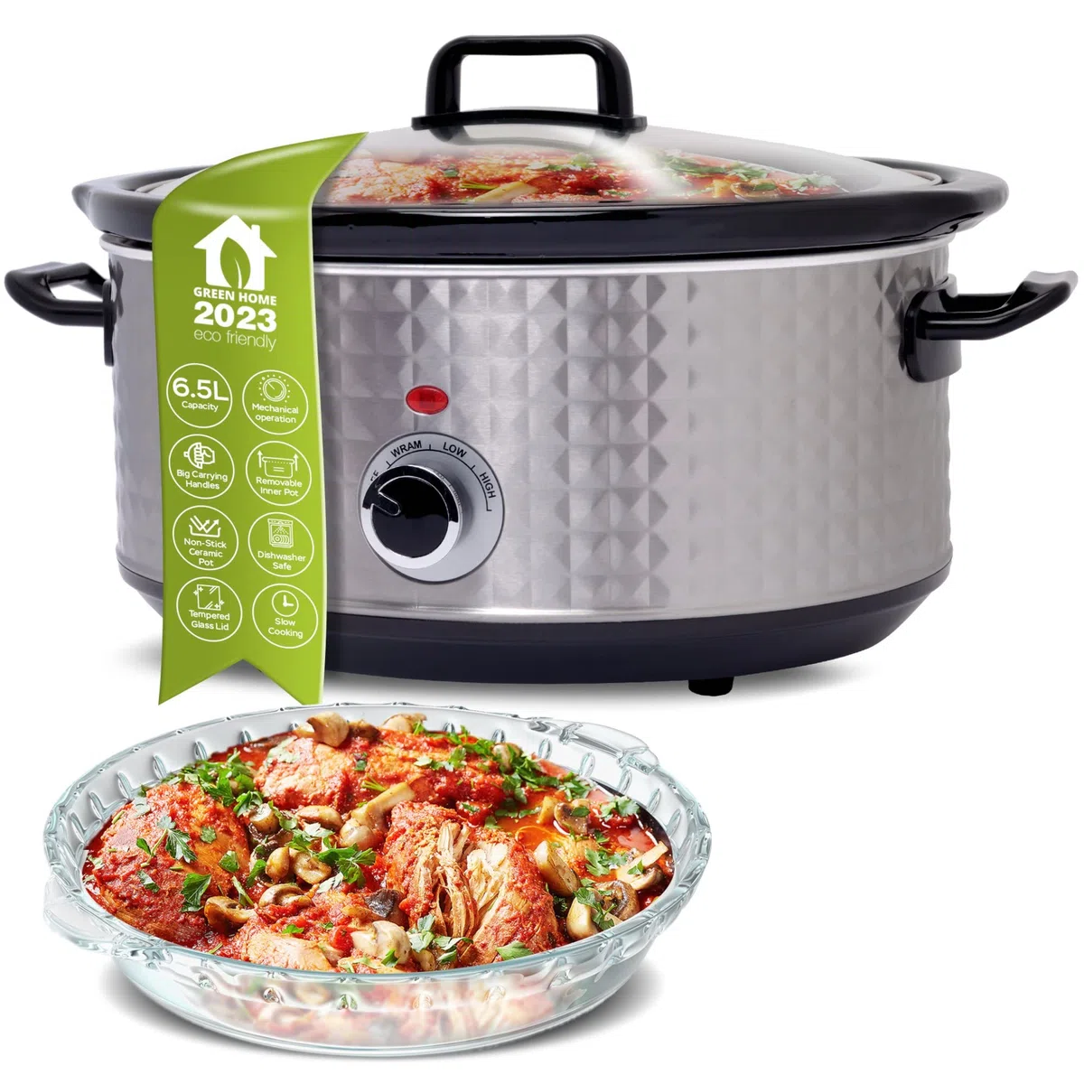 TurboTronic Slow Cooker 6,5L, silber Edelstahl, Schongarer mit Warmhaltefunktion, Dampfgarer, Schmortopf, Gartopf, Sous Vide Garer, retro Rautenmuster