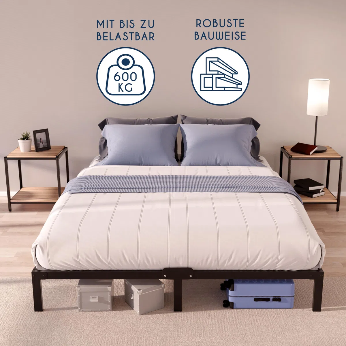 Dreamzie Bett 160x200 mit Lattenrost aus Metall - Bettgestell 160x200 für Matratze, Höche 35 cm - Großer Stauraum, Leicht zu Montieren und Stabil - Schwarzer Lattenrost