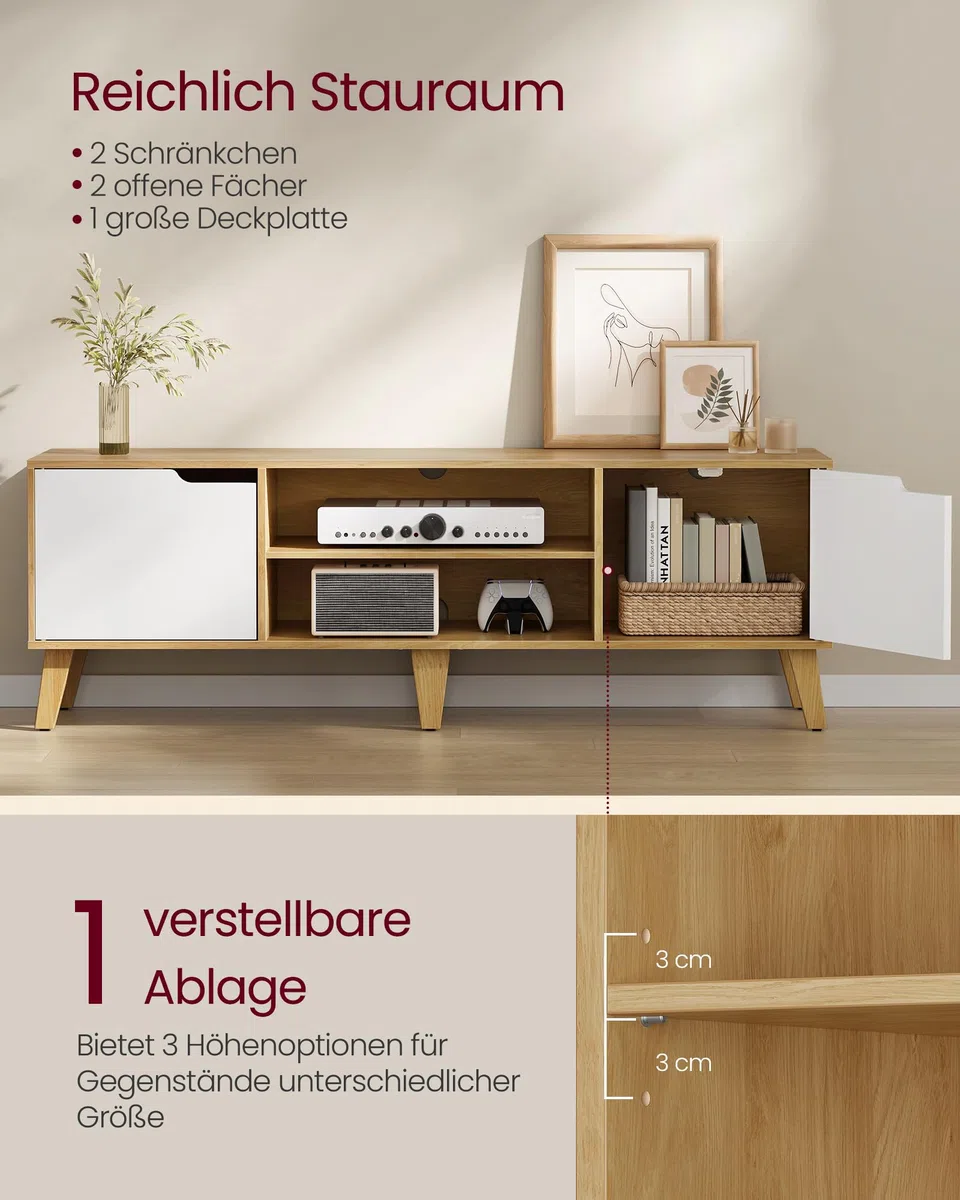 VASAGLE TV-Schrank, Lowboard, Fernsehschrank mit Verstellbarer Ablage, für Fernseher bis zu 65 Zoll, 147 cm lang, Übergangsstil, Fernsehtisch, Wohnzimmer, natureichenfarben-cremeweiß LTV556Y01
