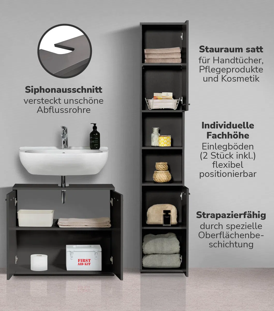 mokebo Badmöbel Set 'Der Steuermann' (2-teilig) Made in Germany, Badezimmer Set aus Holz in Anthrazit-Schwarz, Komplettset mit Waschbeckenunterschrank & Hochschrank, Badmöbel Garnitur