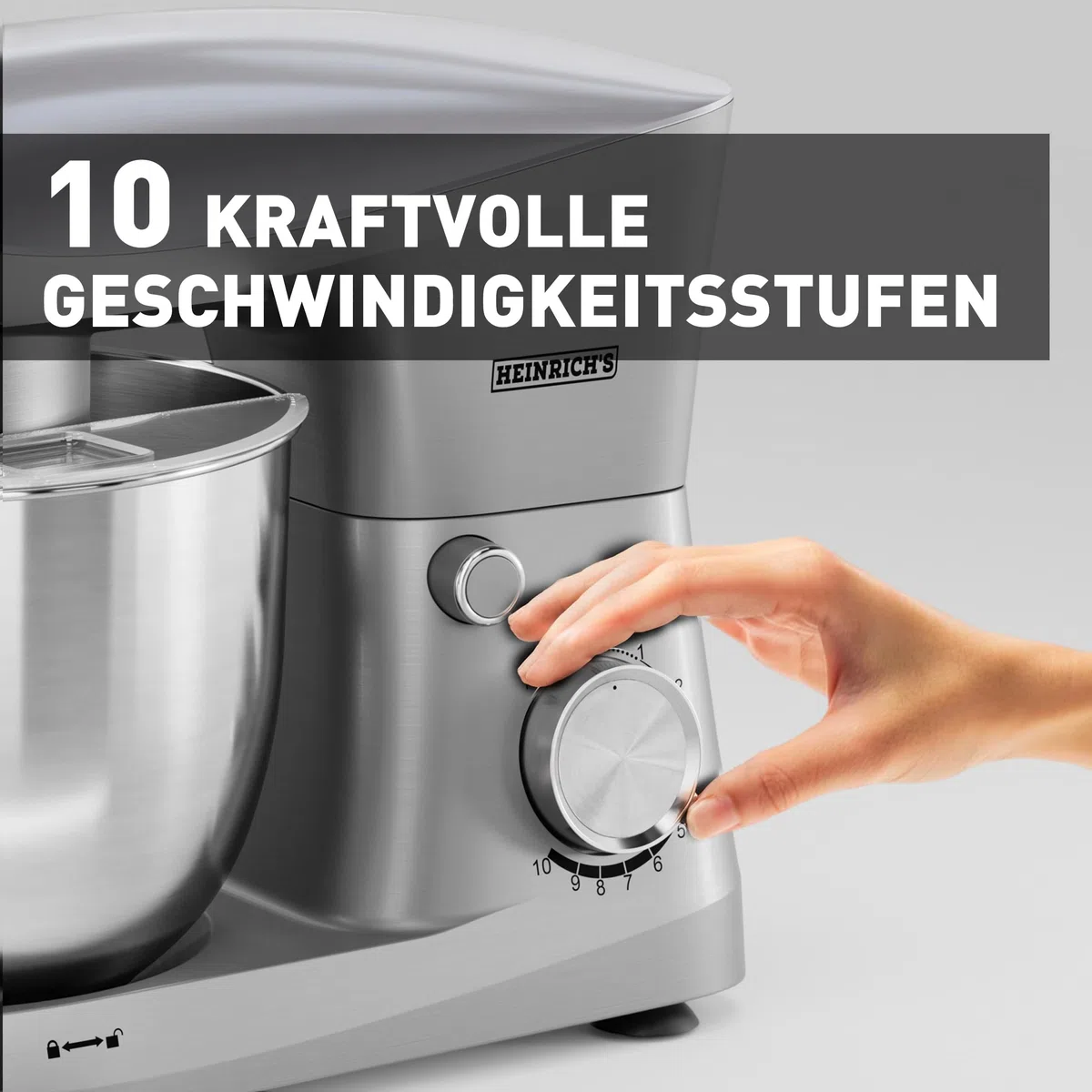 Heinrich´s Küchenmaschine, Knetmaschine, Teigmaschine, Rührmaschine, 1500W Küchengerät, Knethaken, Rührhaken, Schneebesen, 10 einstellbare Geschwindigkeiten, XL 6L Edelstahlschüssel,geräuscharm,silber