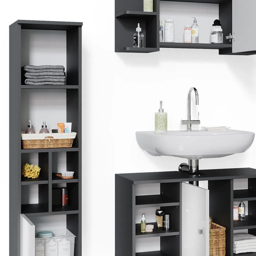 Vicco Badmöbel-Set Fynn, Anthrazit, 60 cm, besteht aus Waschbeckenunterschrank, Spiegelschrank und Hochschrank
