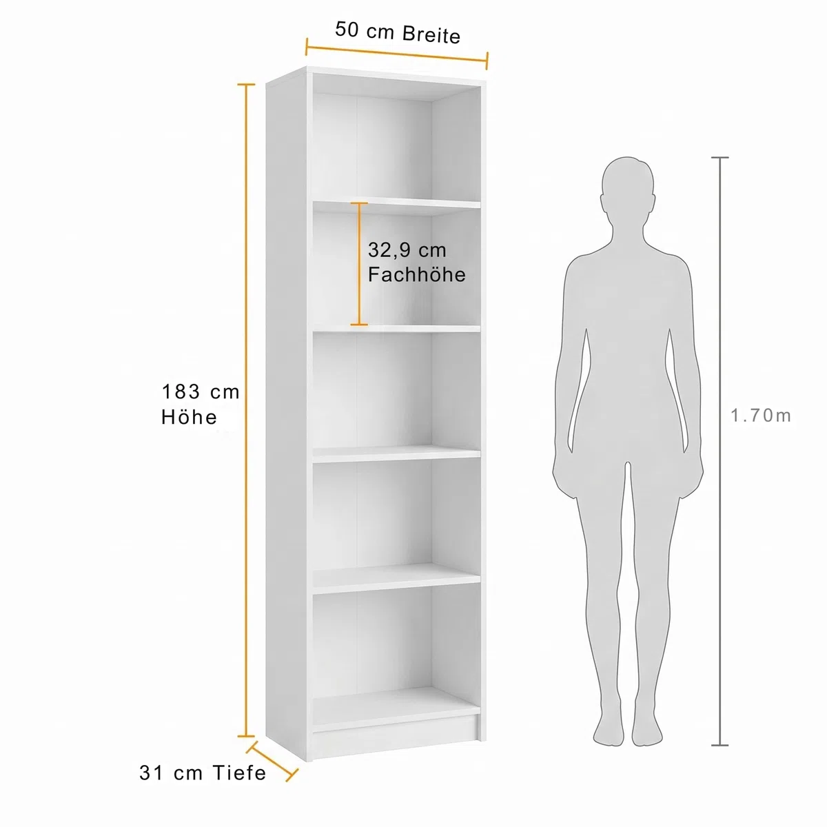 Bücherregal, 183x50x31 cm, 5-Tier Bücherschrank aus 19 mm starker Platte, Modernes offenes Standregal, Aufbewahrungsregale und Präsentationsregale für Wohnzimmer, Home Office, Schlafzimmer