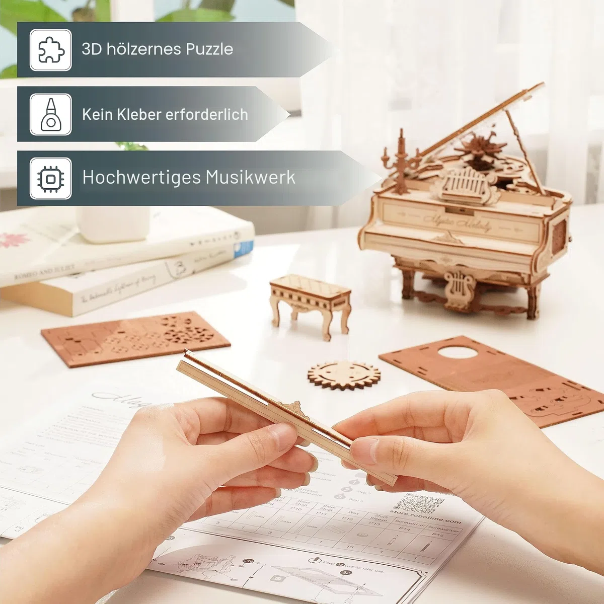 ROKR 3D Puzzle Holz Holzpuzzle Erwachsene Holzmodelle Bausätze Mechanisches Modell Bausets Spieluhr Magisches Klavier Stil Weihnachten Geburtstag Geschenke 223pcs, Magic Piano