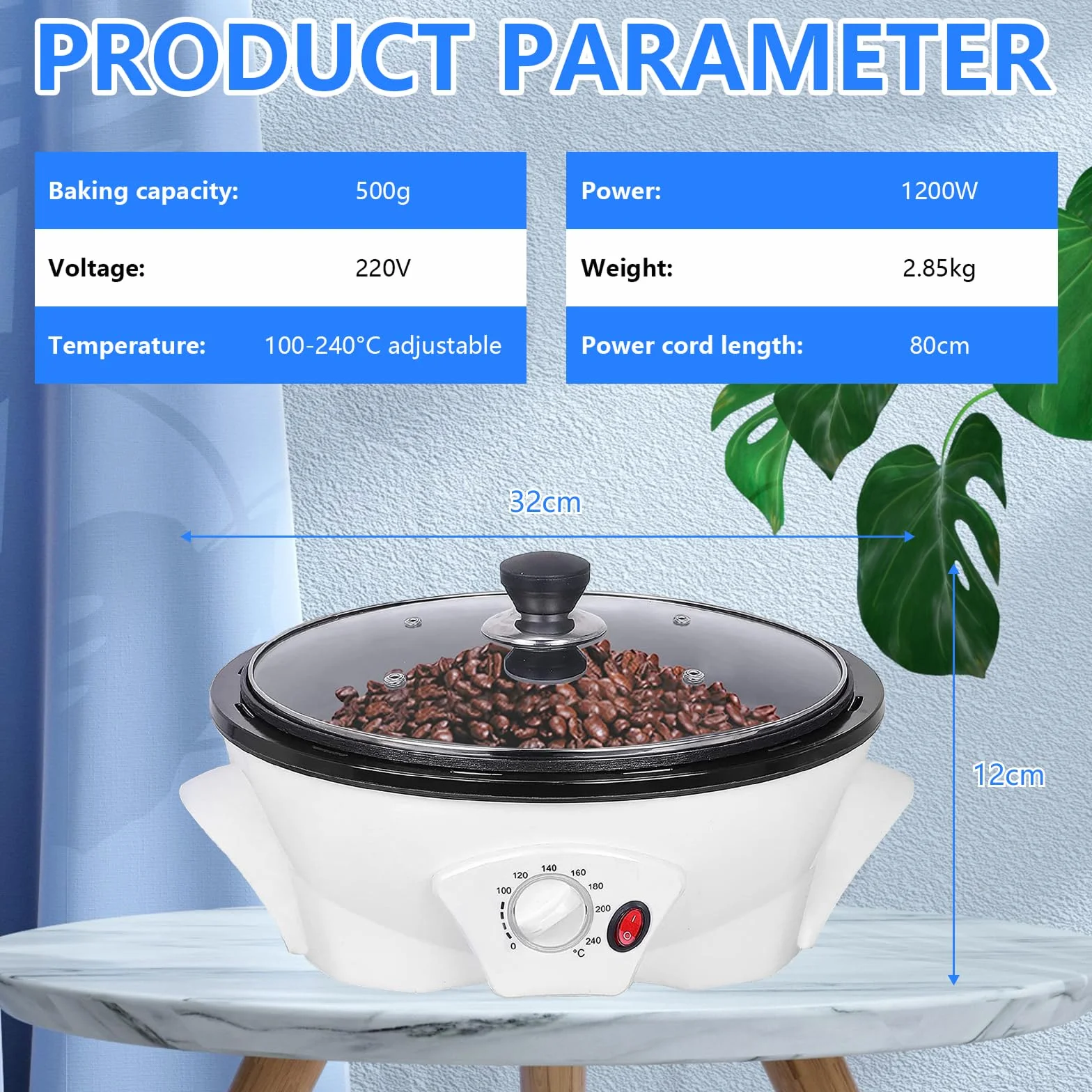 Kaffeeröster, Elektrischer Kaffeeröster 500g, 1200W Kaffeeröstmaschine 0-240℃ Temperatureinstellung für Zuhause mit Timer Rauchfreies Rösten Röstmaschine für Kaffeebohnen Nüsse & Samen