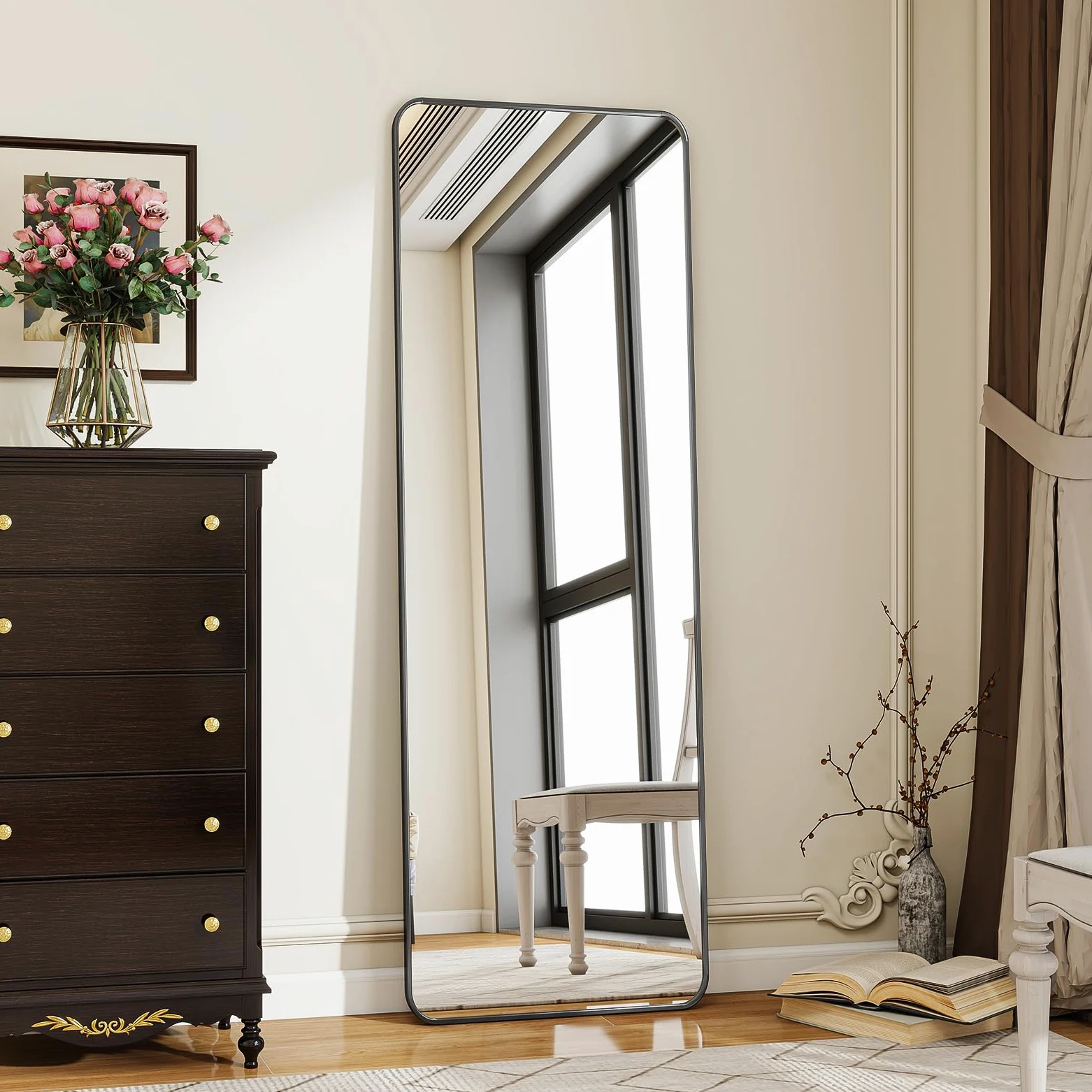 Koonmi Standspiegel mit abgerundeten Ecken, 40 x 150 cm Ganzkörperspiegel mit Ständer, großer Fußboden Standspiegel Ganzkörperspiegel Wand Hänger für Schlafzimmer, Wohnzimmer, Schwarz