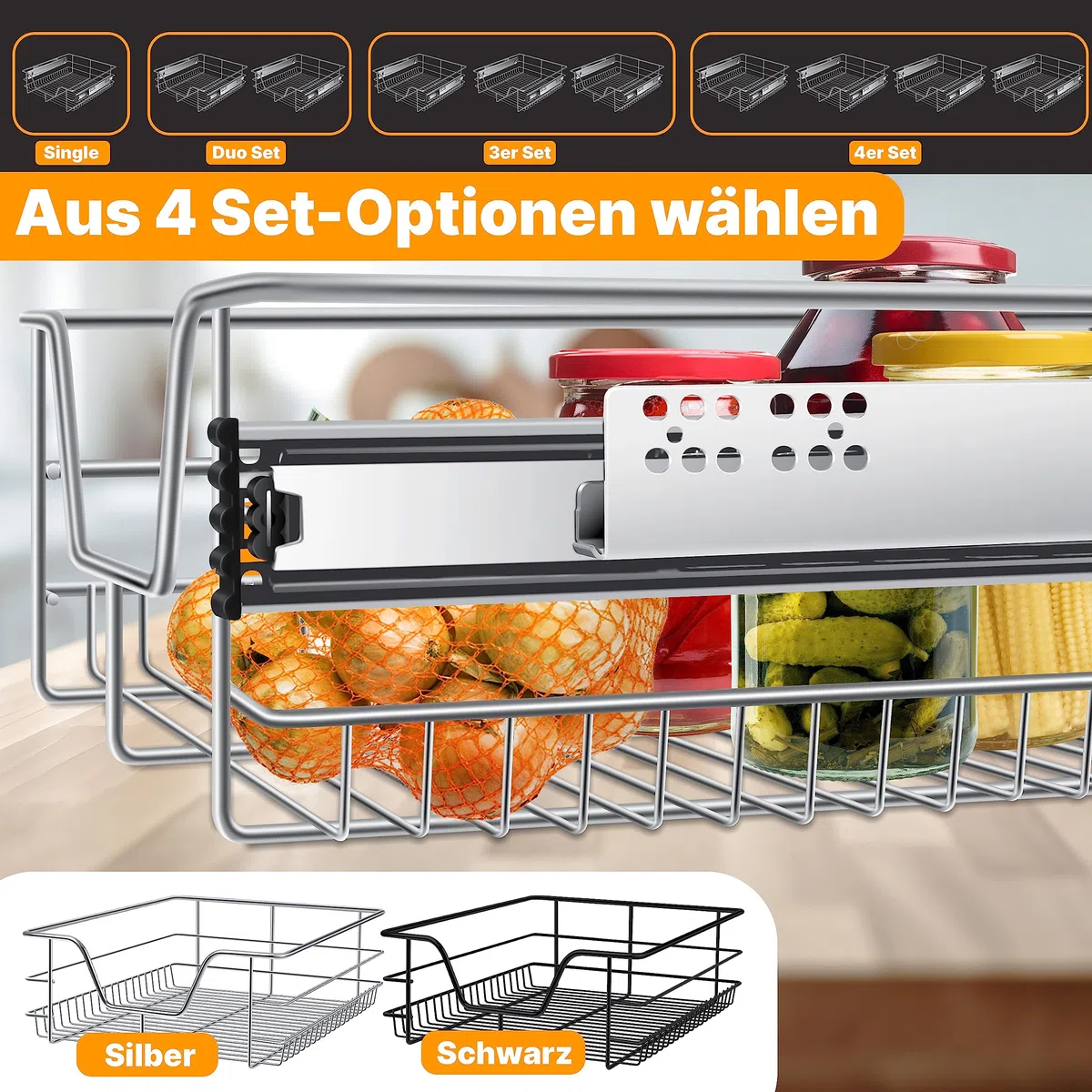 KESSER® Teleskopschublade 3er Set 60cm Schrankbreite verchromt aus Edelstahl Schubladeneinsatz für Küchenschrank Korbauszug Schrankauszug, Silber