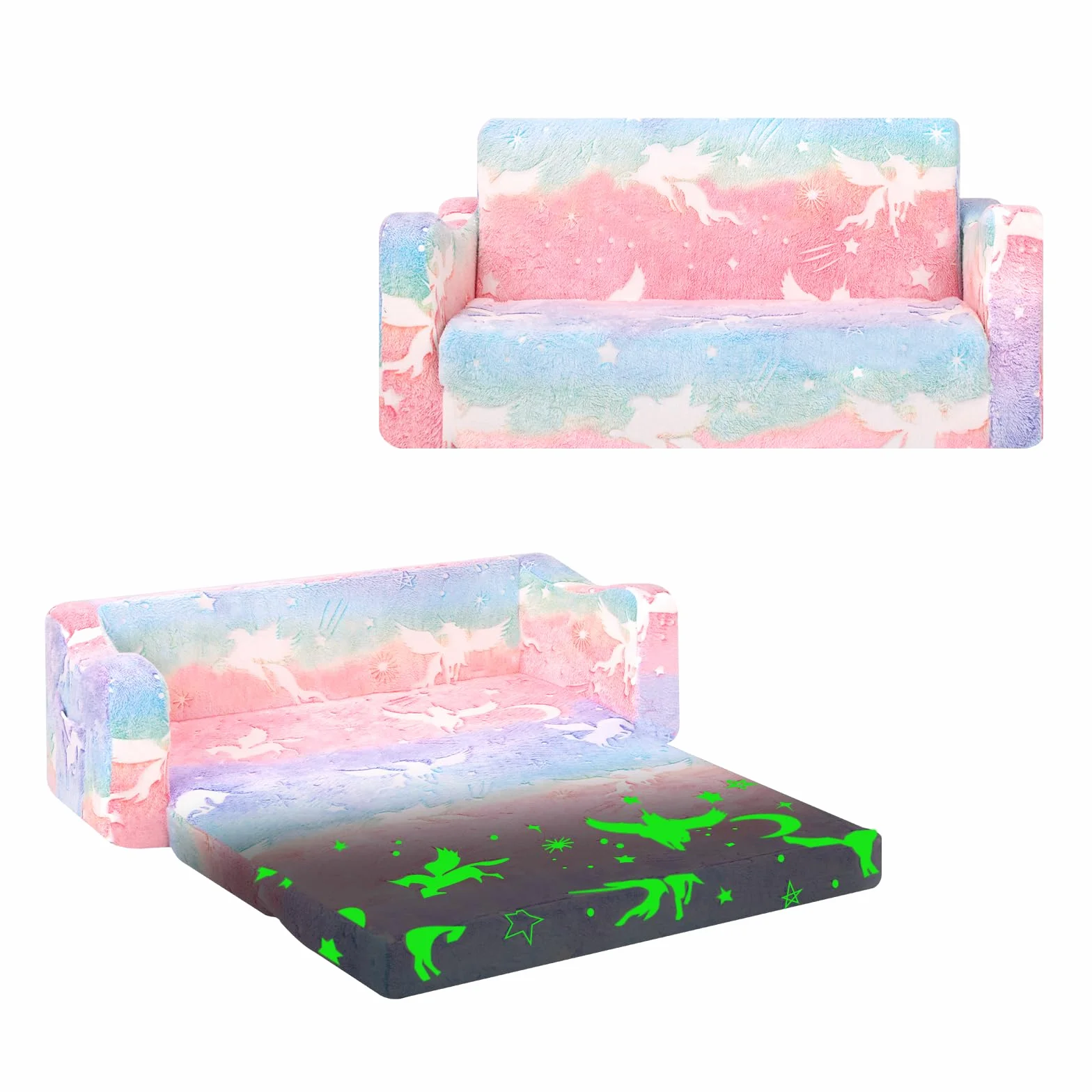 Einhorn Kindercouch ausklappbar 2-in-1, Extra Groß Kindersofa Das im Dunkeln leuchtet mit Schlaffunktion,Kindersessel für Kinder Kinderzimmer Spielzimmer