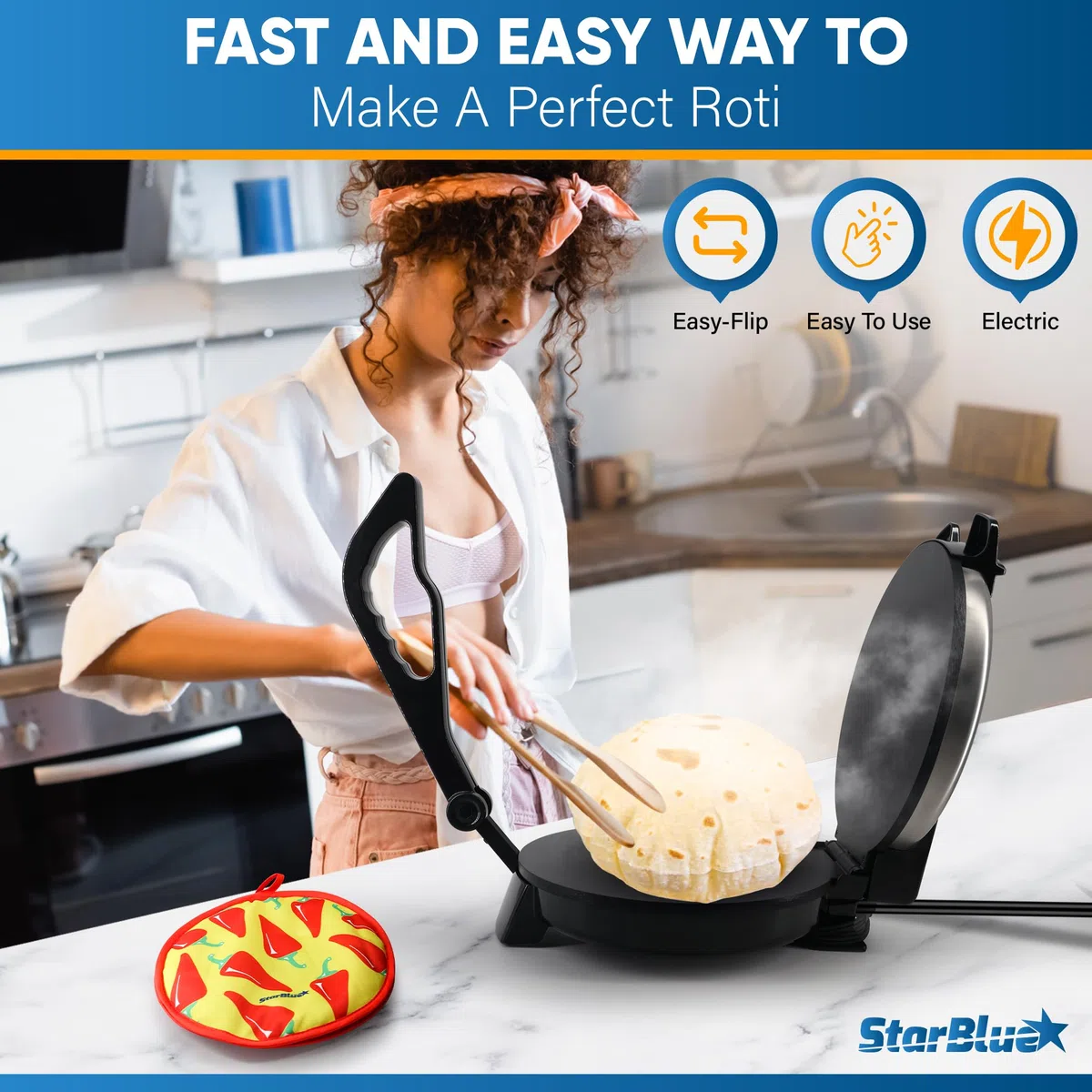 25,4 cm Roti-Maker von StarBlue mit kostenlosem Roti-Wärmer und abnehmbarem Griff – Indischen Chapati, Tortilla, Roti AC220-240V 50/60Hz 1200W, UK-Stecker