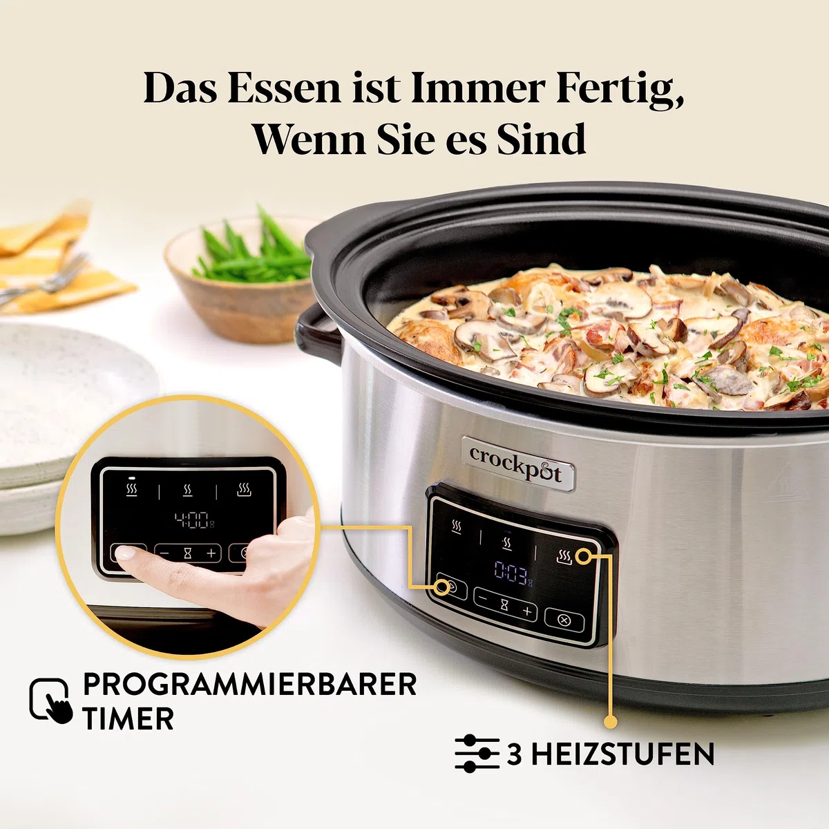 Crockpot Sizzle & Stew Digital-Schongarer Slow Cooker | 3,5 l (3-4 Personen) | Abnehmbare induktionsgeeignete Schüssel für Fleisch und Gemüse | Edelstahl [CSC111X]