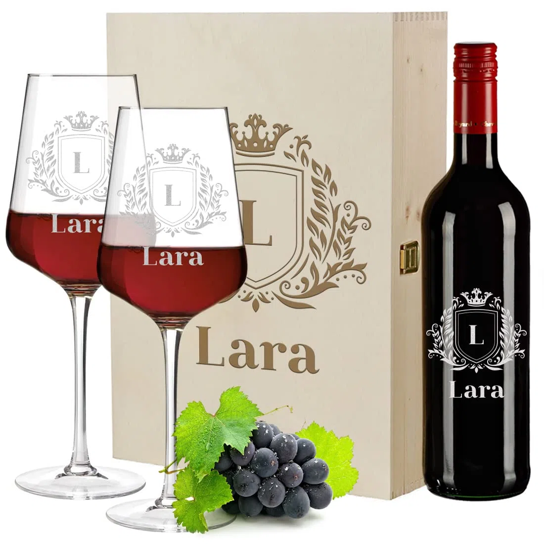 polar-effekt 4-TLG Wein Geschenkset mit Wunschgravur - Motiv Wappen - personalisiert - 2X Weingläser 560 ml, 1x Holzkiste, 1x Rotweinflasche 700 ml - Weißwein - DIY - Genuss - Mann, Frau - Geburtstag