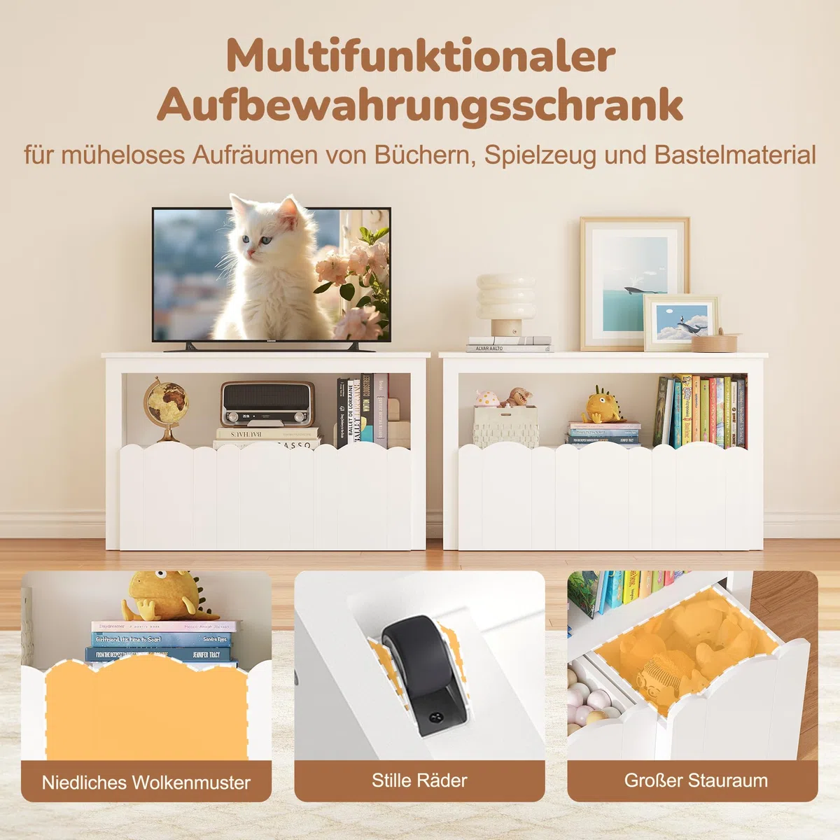 YOUDENOVA Kinderregal, Kinderzimmer Möbel mit 3 Boxen, Spielzeug Aufbewahrung auf Rollen, 102,2x33x61,5 cm, Aufbewahrung Kinderzimmer für Bilderbücher, Geschichtenbücher und Spielzeug, Weiß