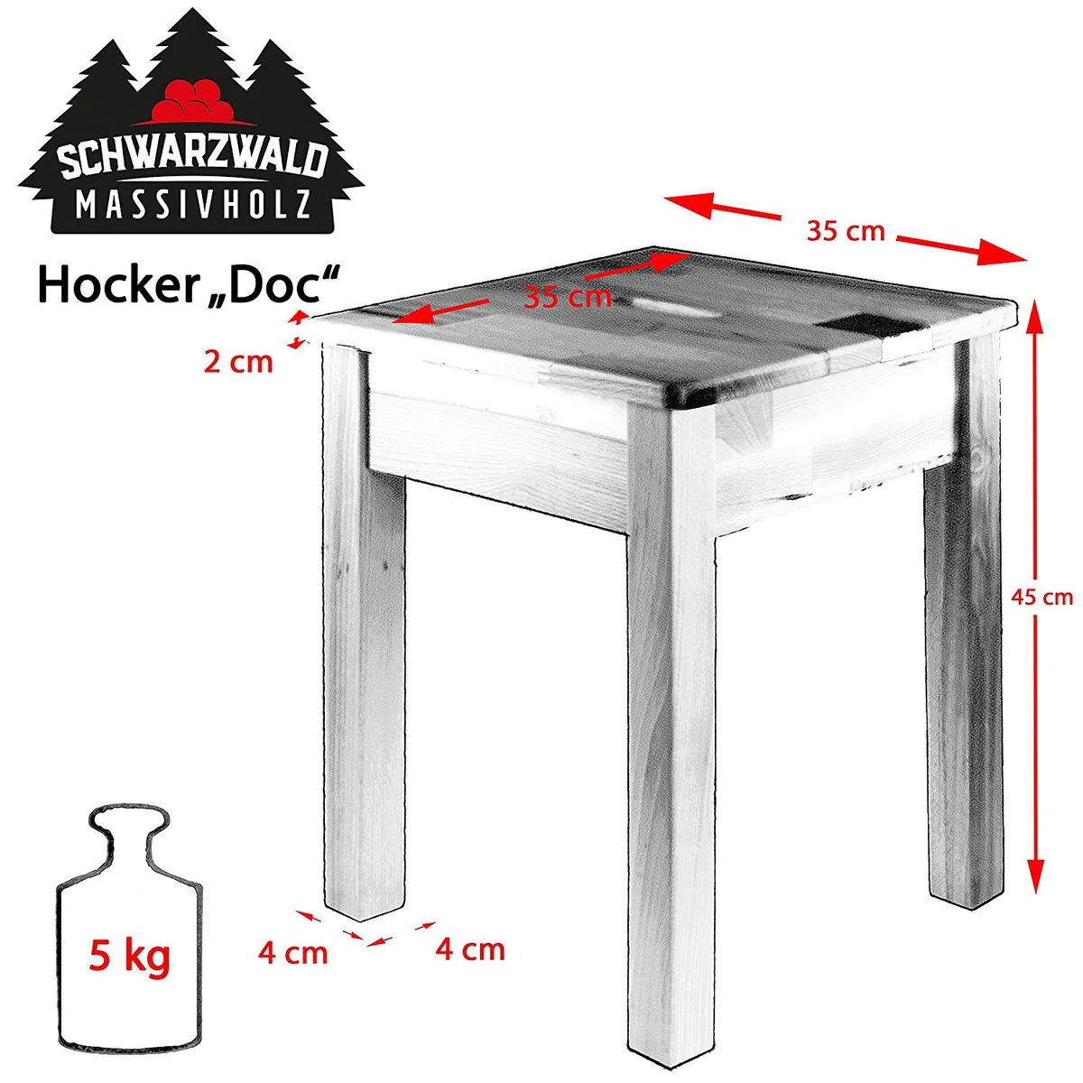 Staboos Hocker DOC Buche Natur geölt mit Eingriff, 35 x 35 x 45 cm, bis 120 kg