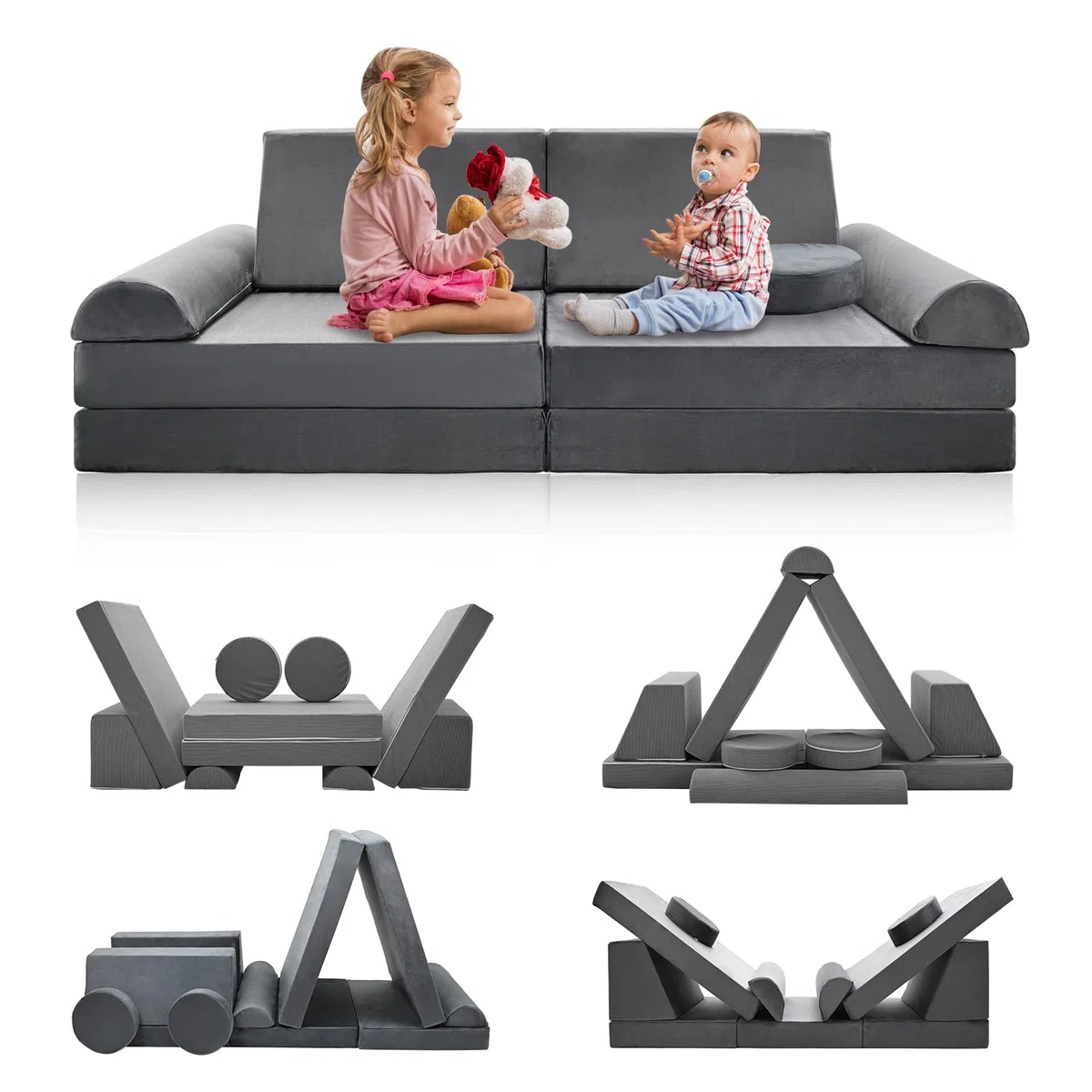 Spielsofa für Kinder,Kindersofa aus 10 Schaumstoff Bausteine, Flexibel Kombinierbare Kinder Couch Modulares Spielsofa zum Spielen, Kreativsein, Schlafen(120CM)
