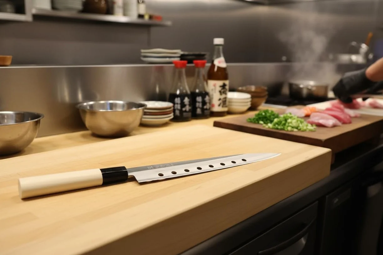 Cocktail7 Japanisches Yanagiba Sashimi Sushi Küchenmesser zum Filetieren von Fisch Edelstahl Klinge 21 cm, Holzgriff, Hergestellt in Japan (with Holes)