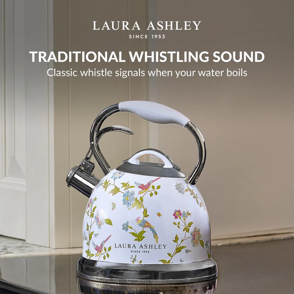Laura Ashley Elveden White 3 Litern Wasserkessel Induktion von VQ – Wasserkessel Camping mit Pfeifton für Gasherd, Induktions kochfeld oder andere Kochfelder mit Druckknopf Mechanismus