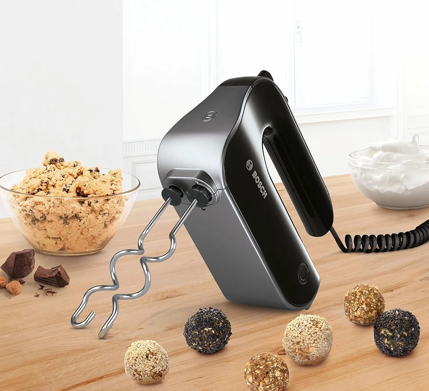 Bosch Handrührer Home Professional Styline MFQ4980B, 5 Stufen, 2 Edelstahl Rührbesen- und Knethaken, Mixstab Edelstahl, Universalzerkleinerer, 850 W, schwarz/dark silver