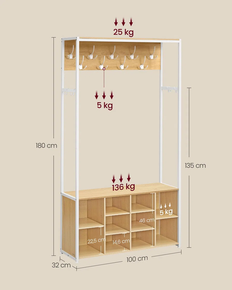 VASAGLE Kleiderständer, Garderobe, Eingangsmöbel mit Schuhregal, offene Fächer, Kleiderhaken, verstellbare Ablagen, modern, für Flur, Eingangsbereich, eichenfarben-weiß HSR432YA01