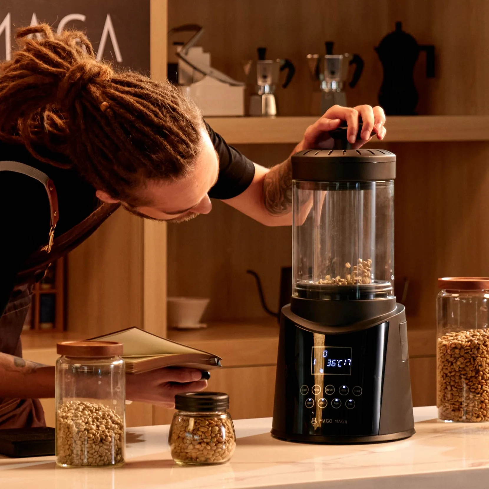 Smart Home Kaffeebohnenröster, digitales Display, automatische und manuelle Modi, 300 g Kapazität, ultra-geringer Rauch, transparente Anzeige, automatische Kühlung, 230 V