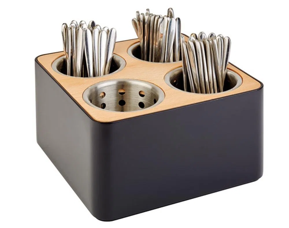 APS Besteckbehälter, Besteckkasten, Besteckbehältnis, 4 Löcher inkl. 4 Edelstahl Köcher, schwarz und braun, aus Edelstahl, Holz und SAN, 27 x 27 cm, 15 cm Höhe