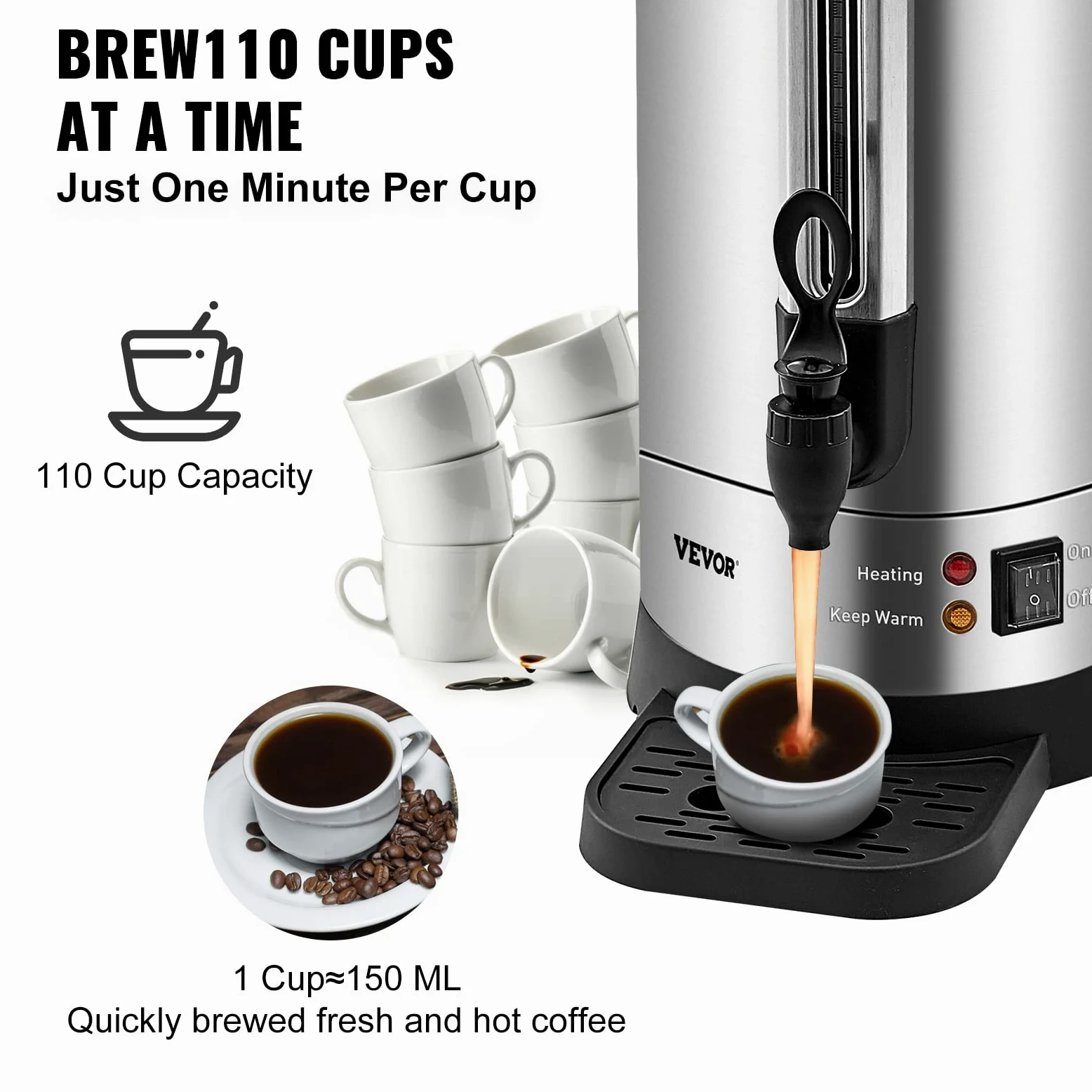 VEVOR Kommerzielle Heißgetränkespender Kaffee Heißwasserspender 110 Tassen, 1500 W Warmhaltebehälter Heißwasserspender 16,4 L Warmhaltebehälter Säfteimer für Büro, Partys, Café, Picknicks usw.