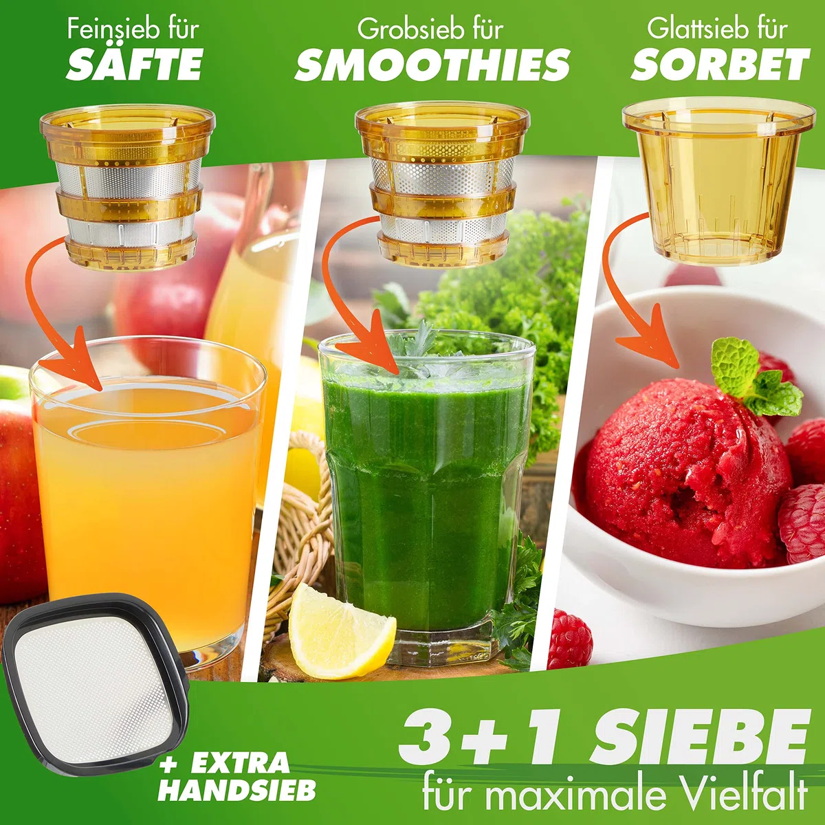 Nutrilovers Entsafter Slow Juicer NUTRI-PRESS NO.1 Testsieger Saftausbeute 3 Siebe Saft, Smoothie, Frucht-Eis, Sehr leise, BPA-Frei