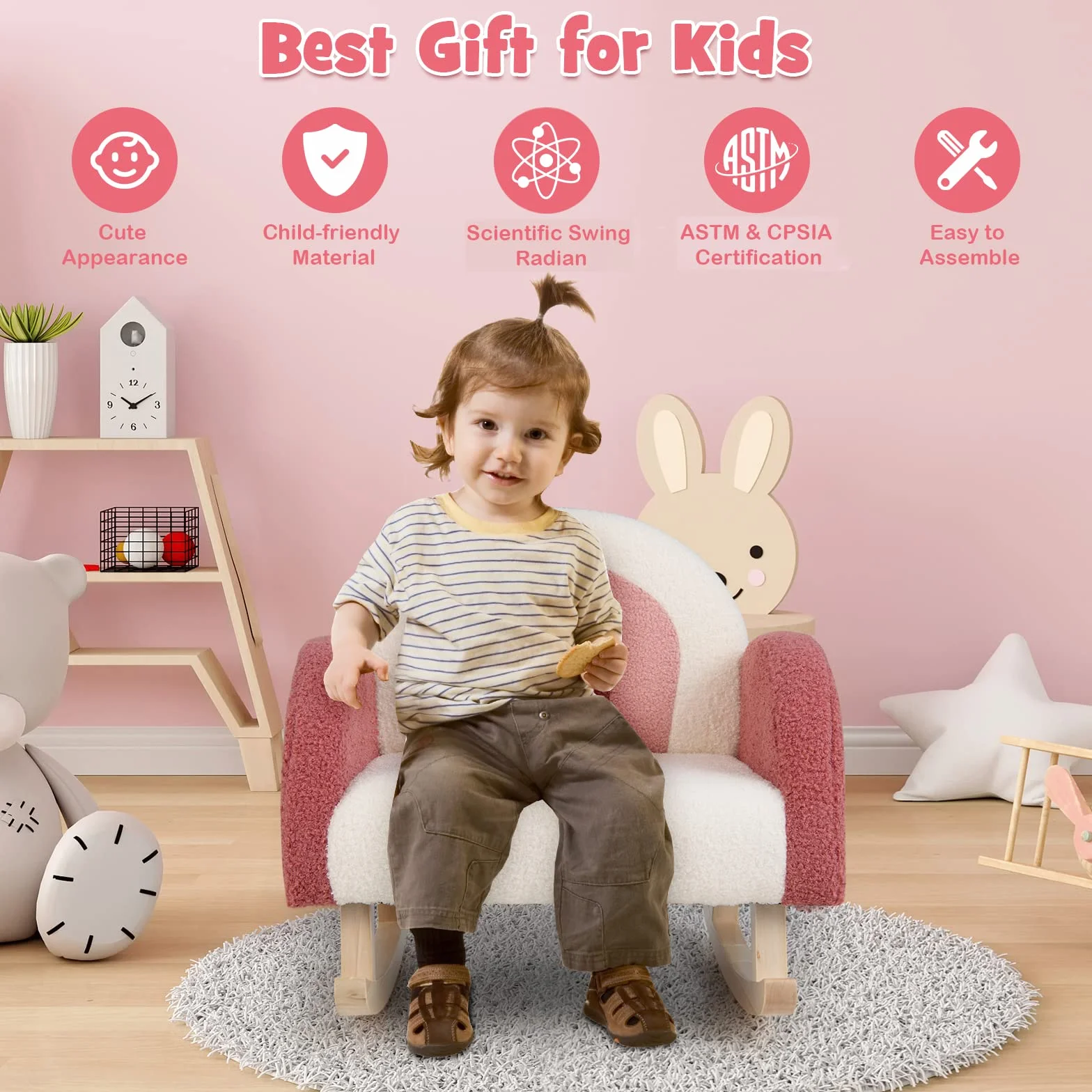 LIFEZEAL Kindersofa Schaukelstuhl, Kindersessel aus Teddy Samtmaterial & Massivholzbeinen, Mini Sofa für Mädchen & Junge, Kinderstuhl für Kleinkinder 3–5 Jahre (rosa)