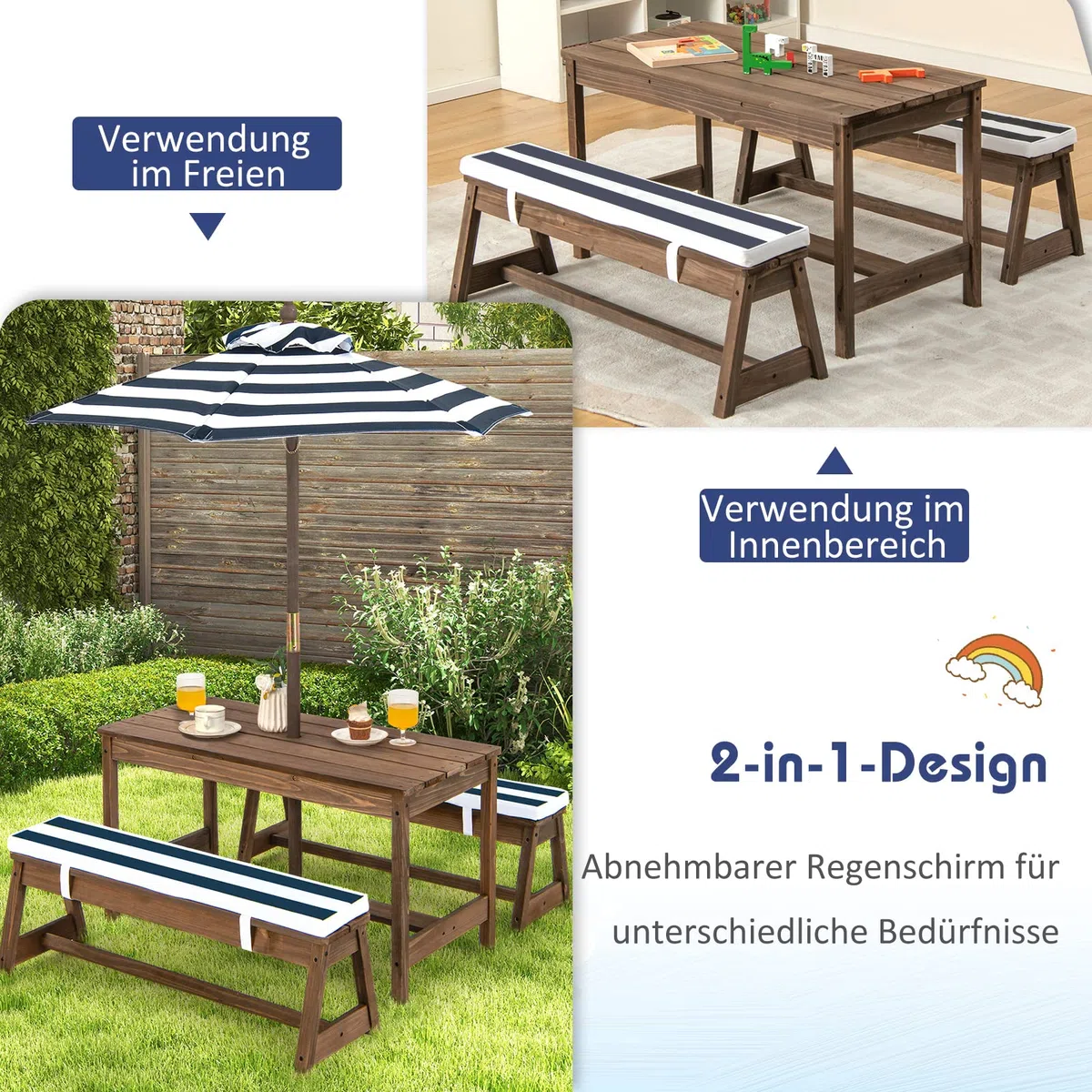 GOPLUS Kinder Picknicktisch, Kindersitzgruppe mit Bänke, Kissen & Sonnenschirm, Kindersitzgarnitur Outdoor aus Holz, Kindersitzbank Sitzgruppe Gartentischset Gartenmöbel für Garten, Terrasse & Balkon