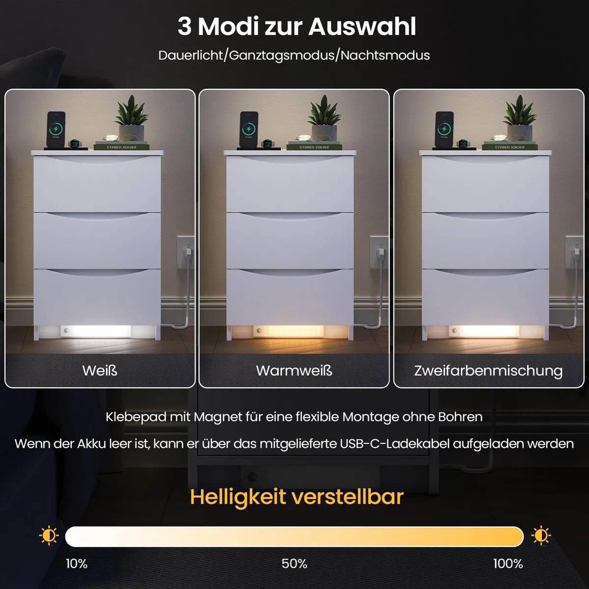 Brinlawb Nachttisch 2er Set mit LED-Beleuchtung und Ladestation (2 AC-Steckdosen & 2 USB-Anschlüsse) Nachtschrank 2er Set mit 3 Schubladen Beistelltisch für Schlafzimmer, Einfache Montage, Wohnzimmer