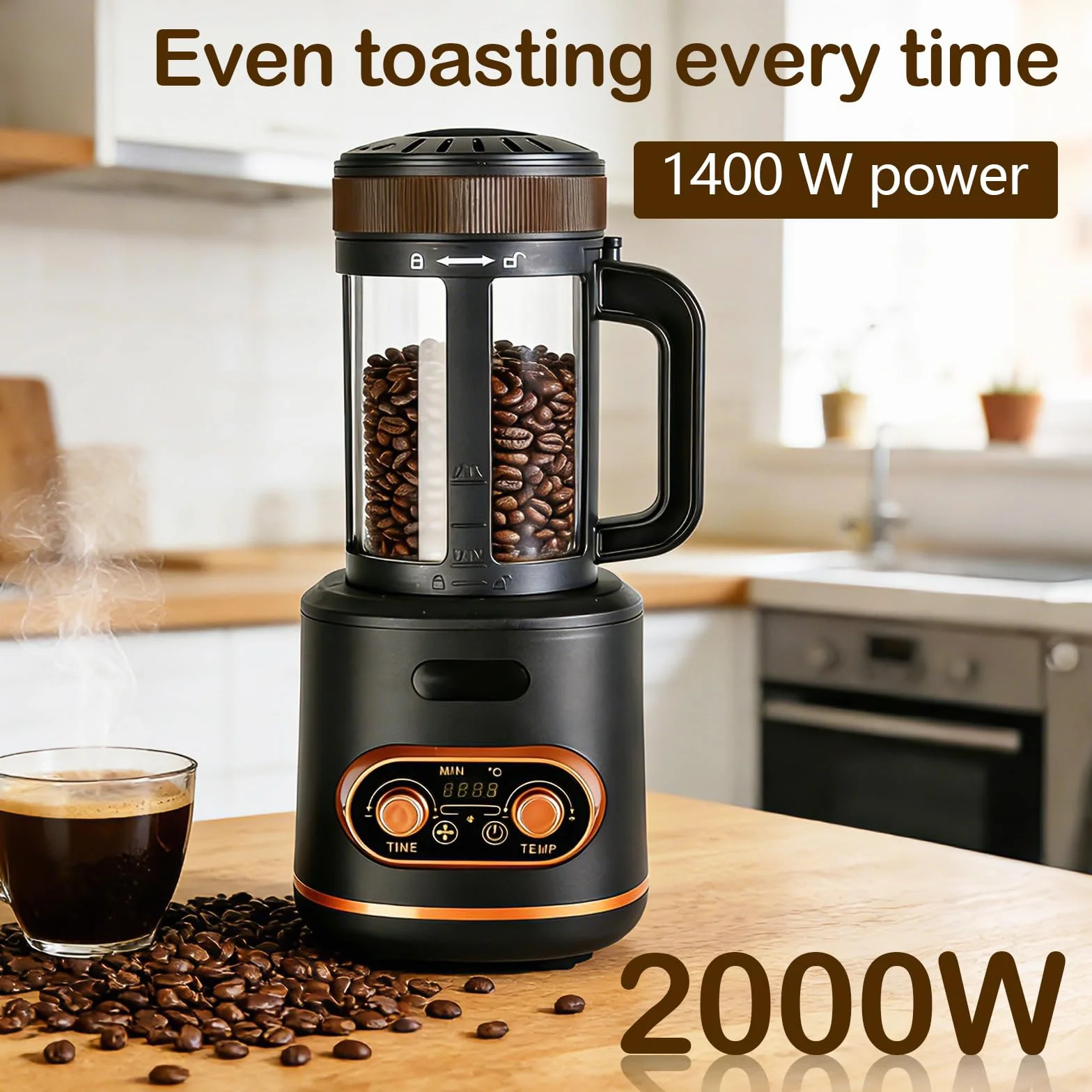 Heißluft Kaffeeröster 200g, 2200W Auto Röster Maschine für Kaffeebohnen, Geteilte Kaffeebohnentasse, Temp & Timer stufenlos regelbar, ideal für Zuhause und Café